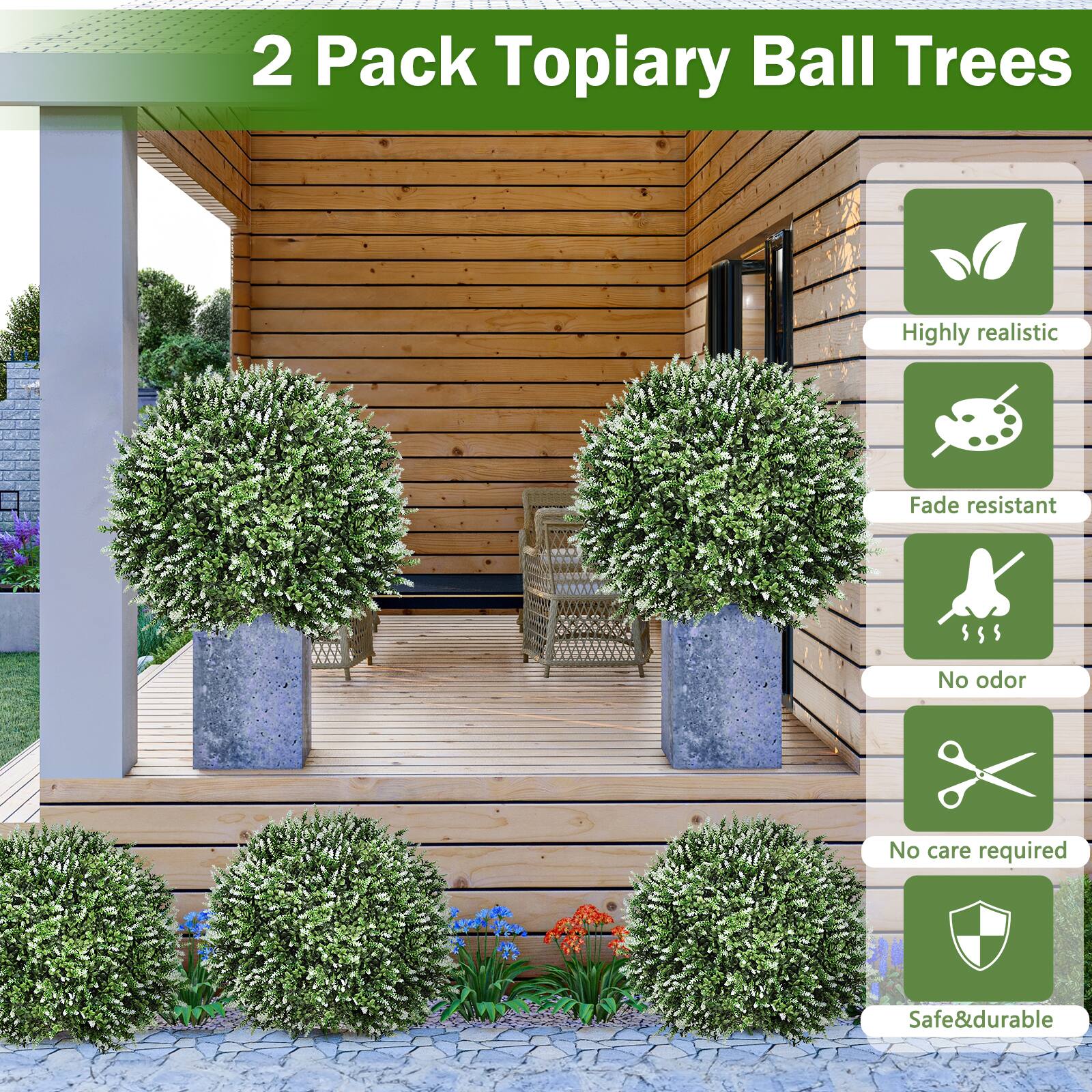 2 Pack Topiary Ball Trees

- Highly realistic
- Fade resistant
- No odor
- No care required
- Safe & durable