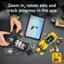 The text on the image reads: "Zoom in, rotate sets and track progress in the app." This text is describing the features of a Lego app, which allows users to zoom in on their Lego creations, rotate the sets, and track their progress.
