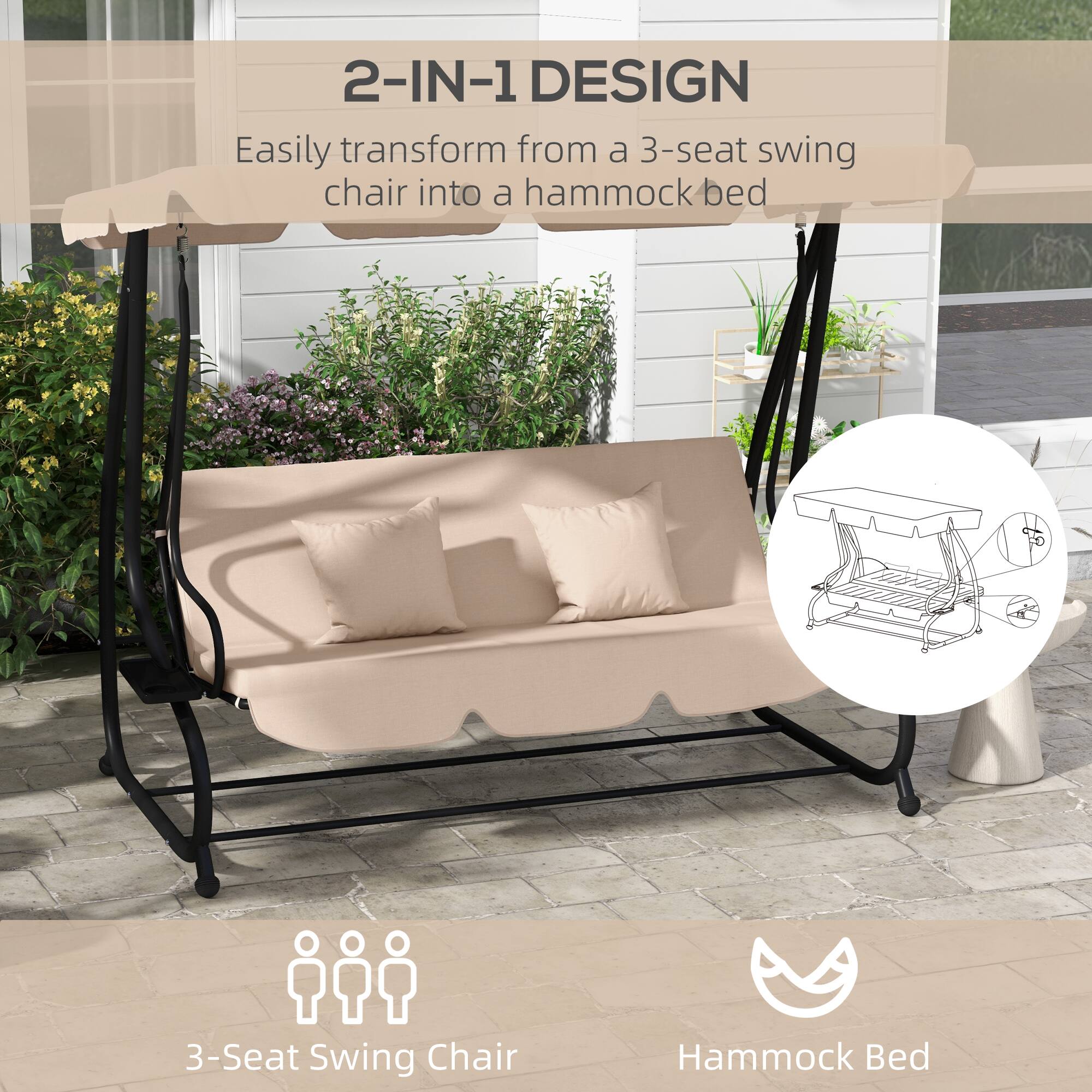 2-IN-1 DESIGN
Easily transform from a 3-seat swing chair into a hammock bed
3-Seat Swing Chair
Hammock Bed
