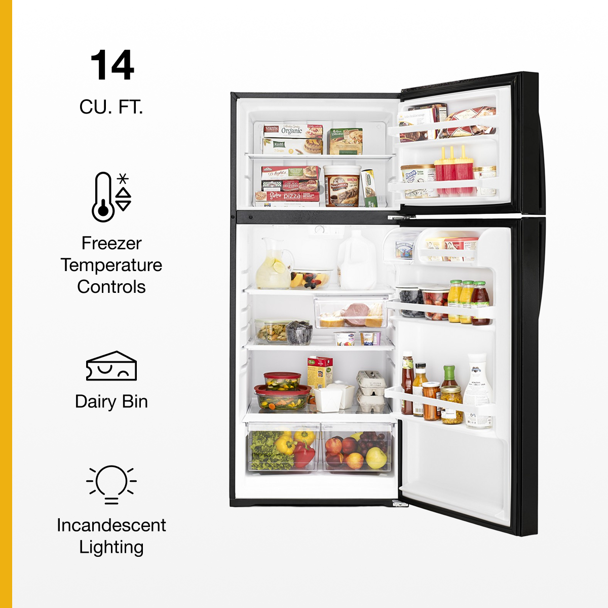14 CU. FT.

- Freezer Temperature Controls
- Dairy Bin
- Incandescent Lighting