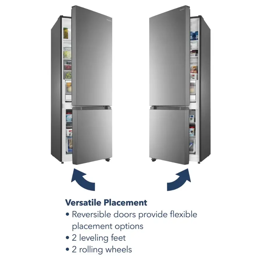Versatile Placement Reversible doors provide flexible placement options. 2 leveling feet. 2 rolling wheels.