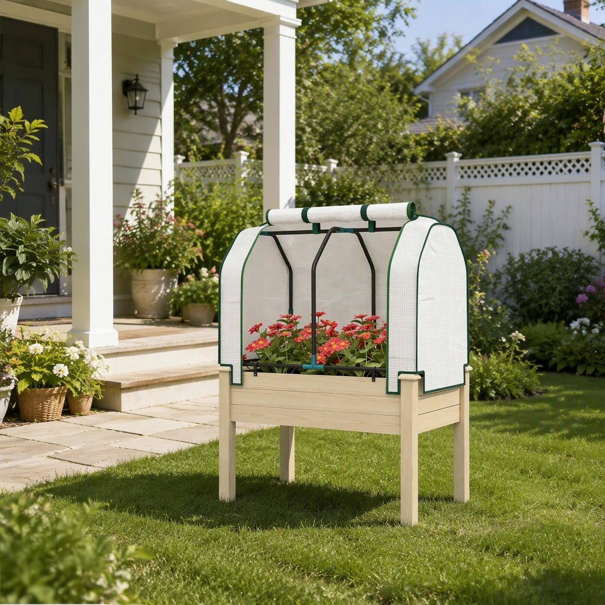 Alt View 1. RYHNUYNE - Compact Outdoor Raised Garden Bed with Fir Wood and Steel Frame, Breathable Fabric Planter Box with Roll-Up PE - Natural Wood.