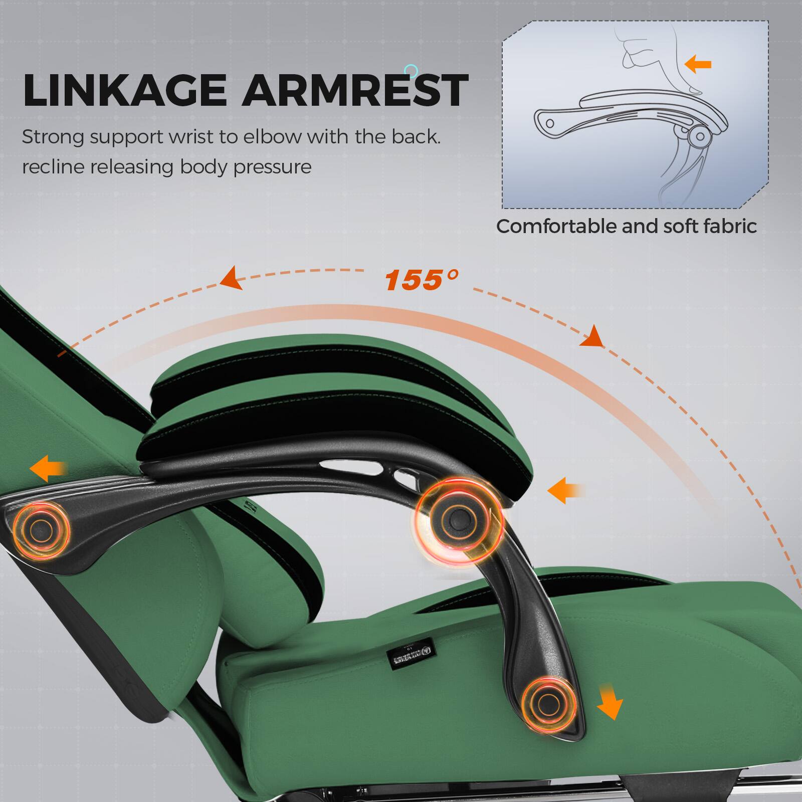 LINKAGE ARMREST  
Strong support wrist to elbow with the back. recline releasing body pressure  

Comfortable and soft fabric  

155°