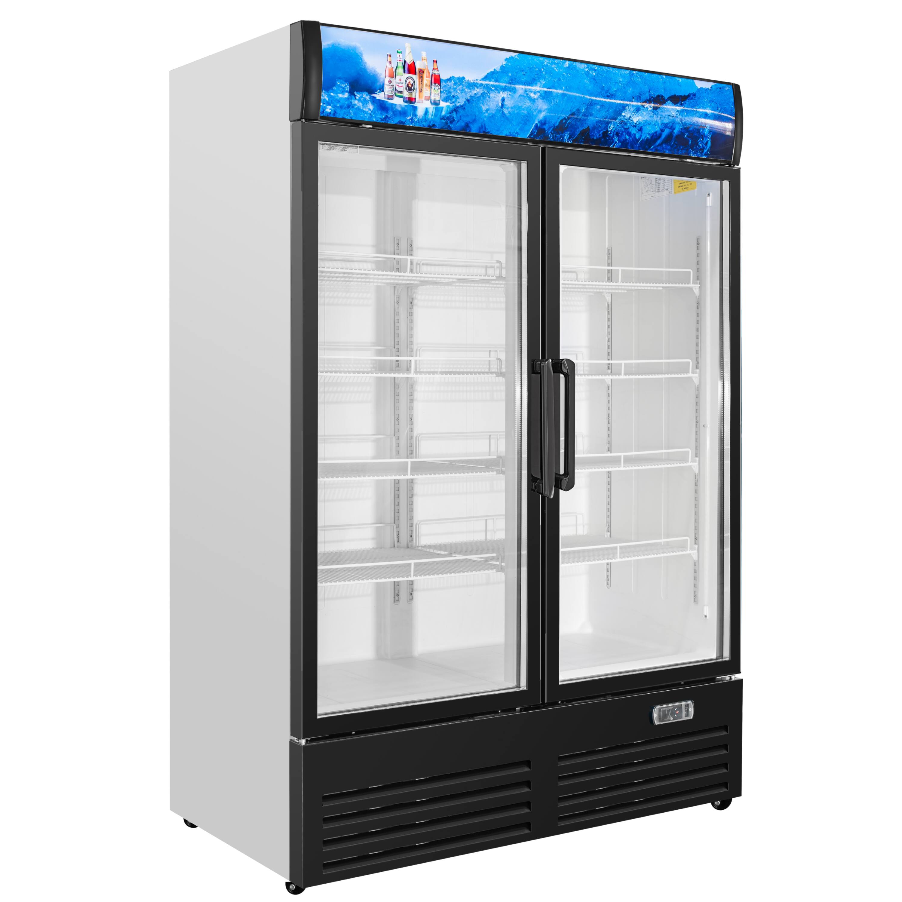 Left. Equator - Equator Vitlife 35 Cu Ft Commercial 2 Glass Door Merchandiser Refrigerator, LED, Adjustable Shelves, Auto Defrost ETL - Black.