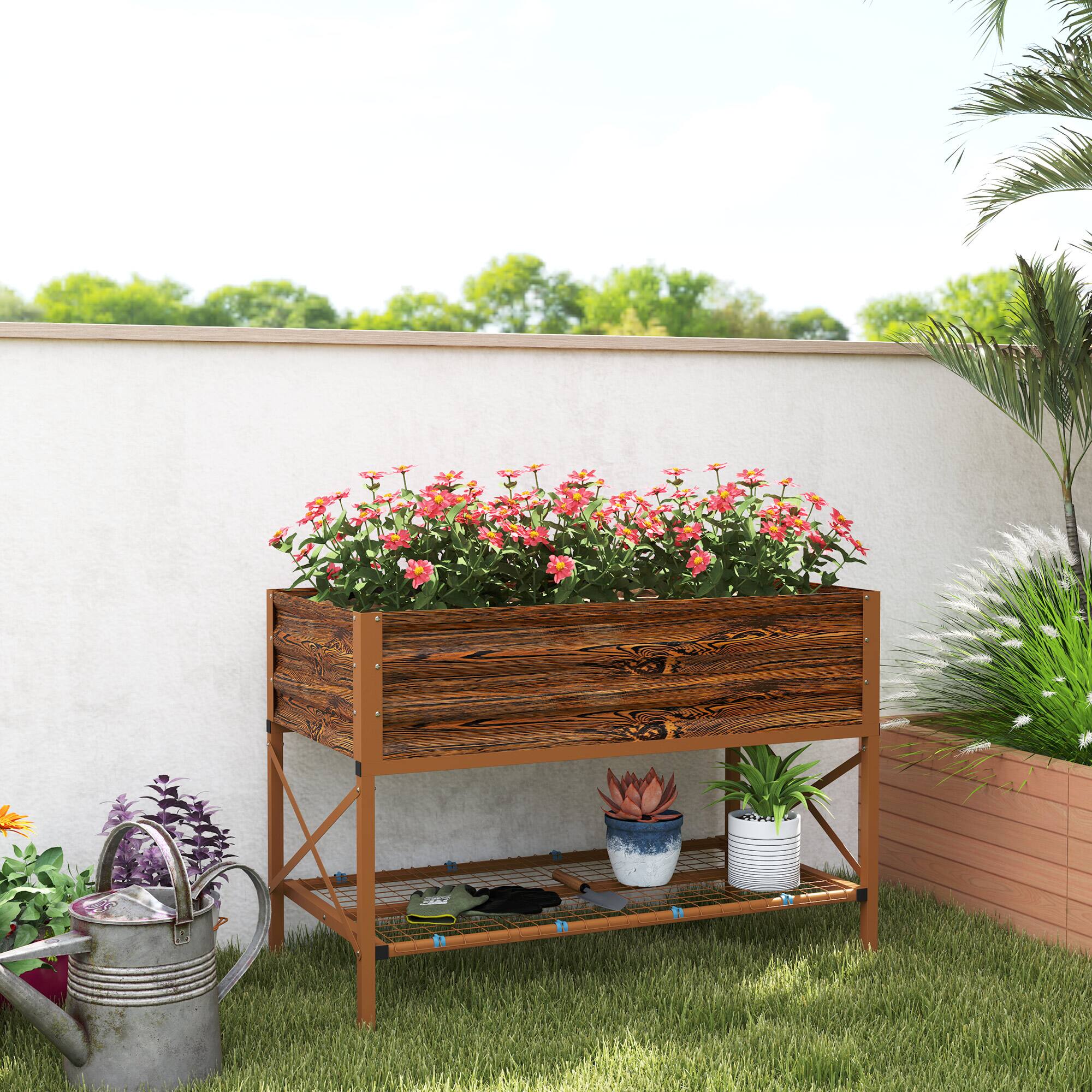 Alt View 1. Outsunny - Raised Garden Bed with Galvanized Steel Frame, Storage Shelf and Bed Liner, Elevated Planter Box with Legs - Brown.