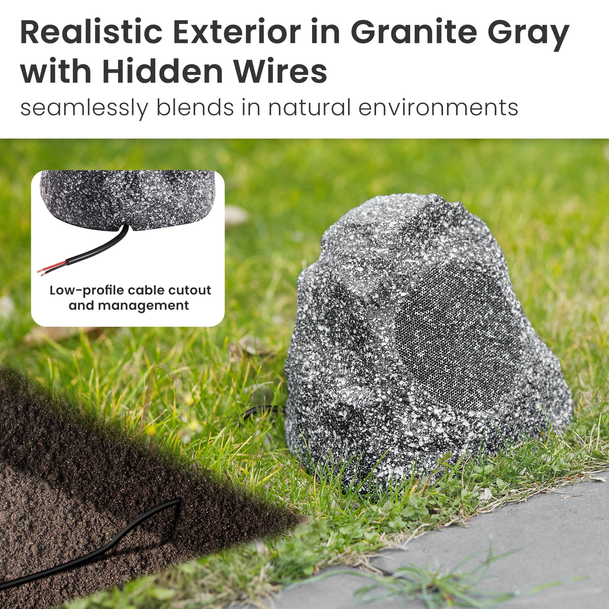 Realistic Exterior in Granite Gray with Hidden Wires  
seamlessly blends in natural environments  

Low-profile cable cutout and management