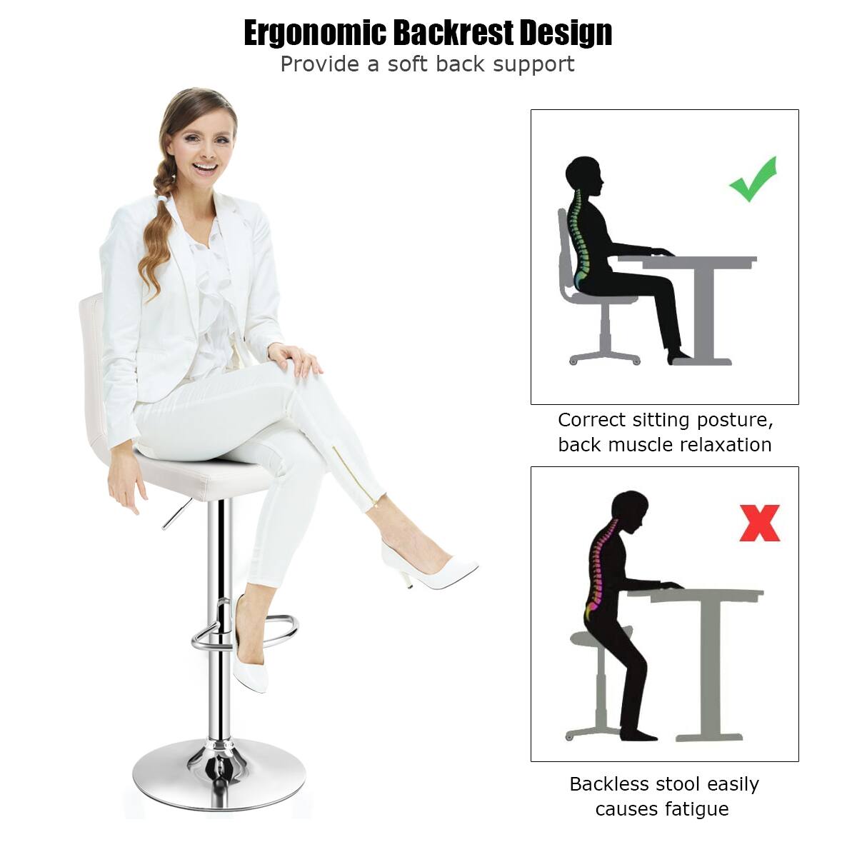 Ergonomic Backrest Design  
Provide a soft back support  

Correct sitting posture, back muscle relaxation  

Backless stool easily causes fatigue