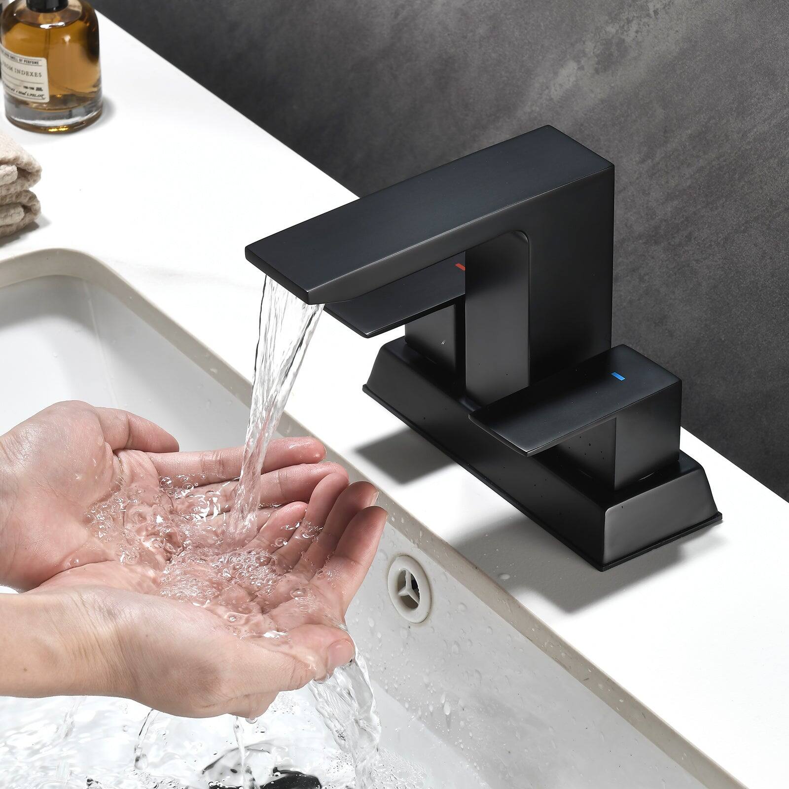Alt View 3. Boyel Living - Black 4 Inch Centerset Faucet SUS304 Waterfall Spout 1.2GPM Dual Handle Pop Up Drain - Matte Black.