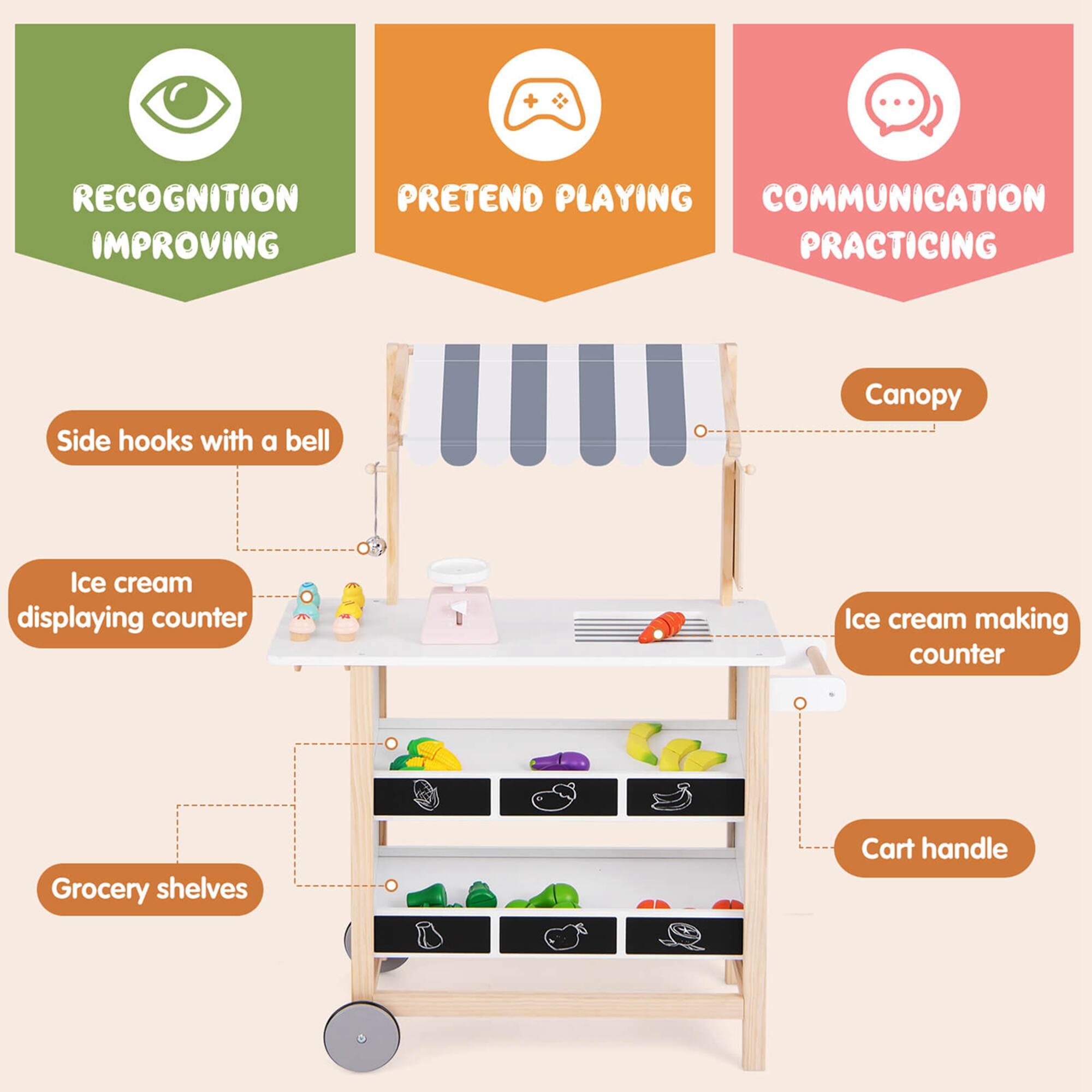- RECOGNITION IMPROVING
- PRETEND PLAYING
- COMMUNICATION PRACTICING

- Side hooks with a bell
- Ice cream displaying counter
- Canopy
- Ice cream making counter
- Cart handle
- Grocery shelves