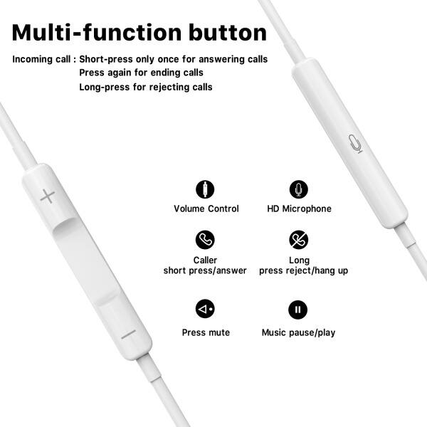 Multi-function button

Incoming call: Short-press only once for answering calls
Press again for ending calls
Long-press for rejecting calls

+ Volume Control
HD Microphone
Caller
Long short press/answer press reject/hang up
I Press mute
Music pause/play