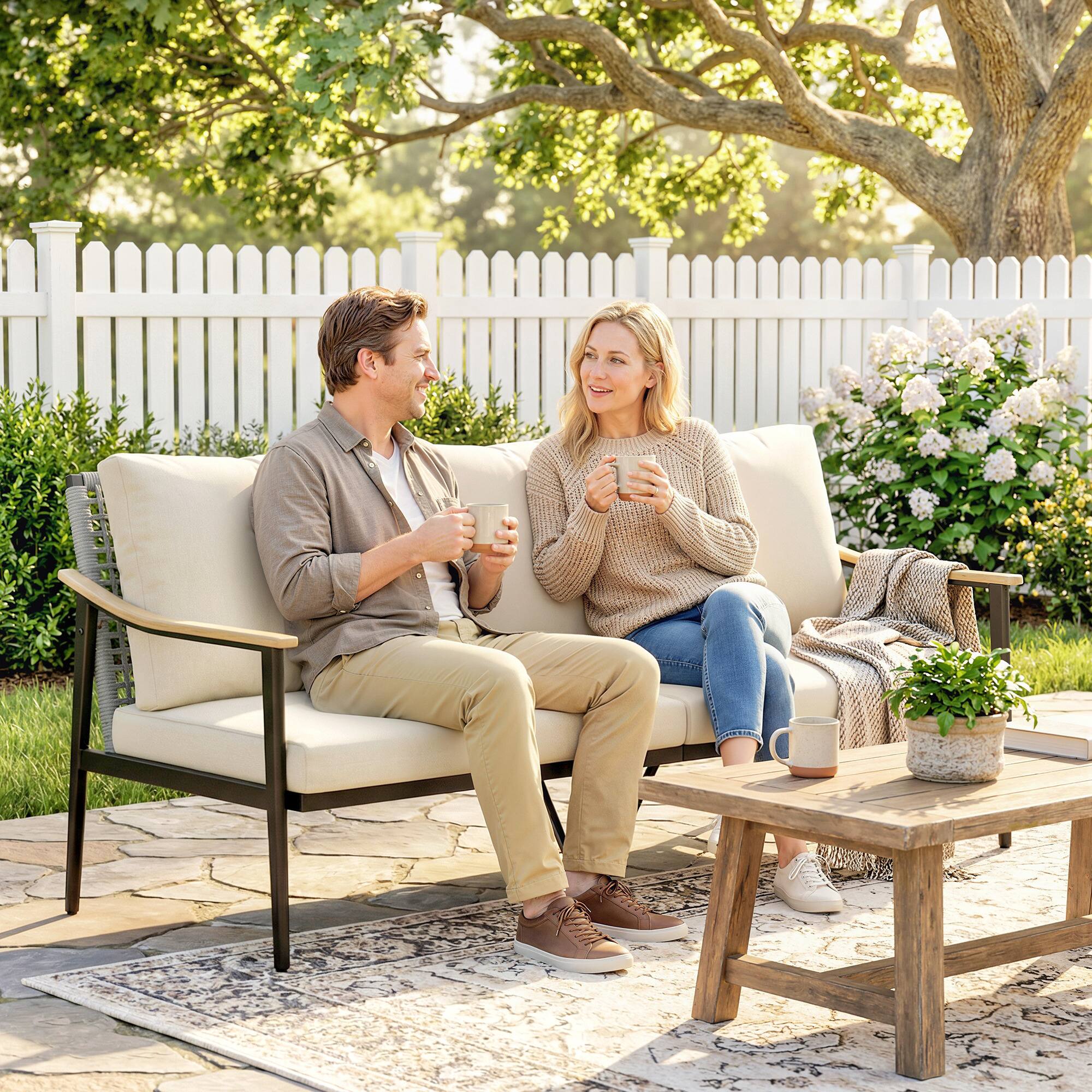 Alt View 7. Outsunny - Seater Outdoor Patio Sofa, Outdoor Couch with Wood-Effect Armrests, Wicker Backrest - Khaki.