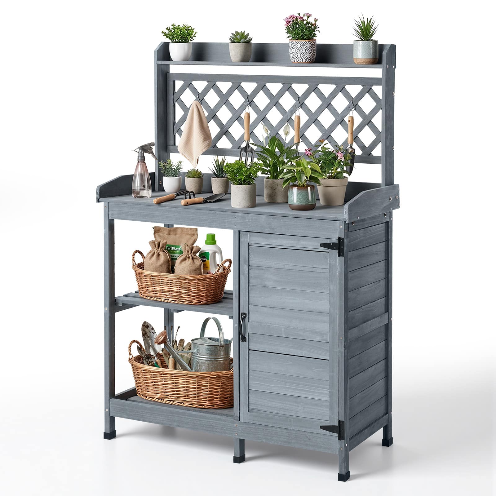 VEVOR - Potting Bench Table, Outdoor Gardening Wooden Workstation with Storage Cabinet, Storage Shelves - Gray