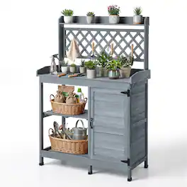 VEVOR - Potting Bench Table, Outdoor Gardening Wooden Workstation with Storage Cabinet, Storage Shelves - Gray