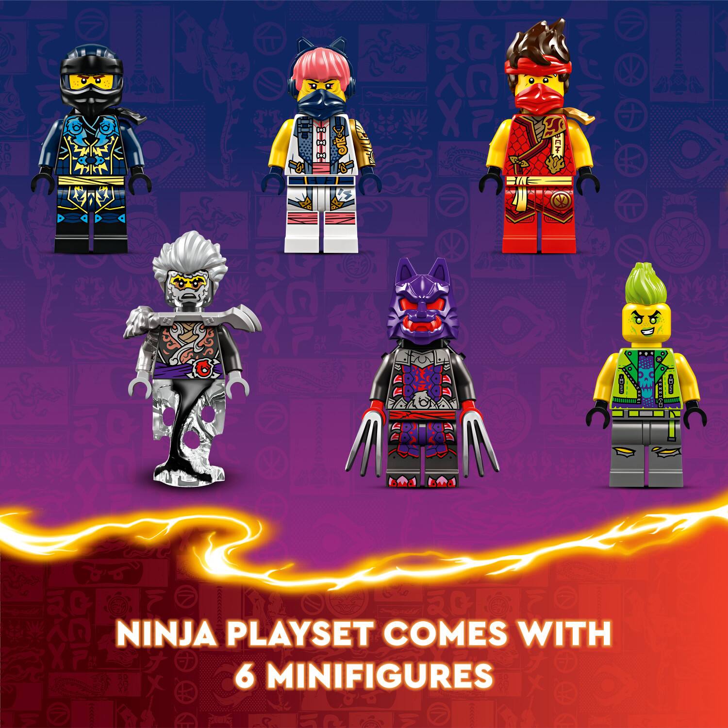 The text on the image reads "NINJA PLAYSET COMES WITH 6 MINIFIGURES."