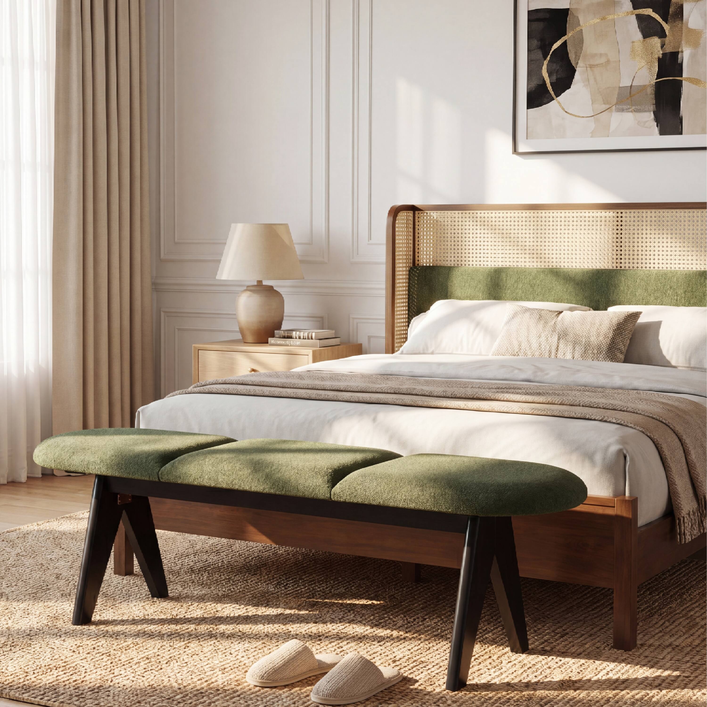 Back. Ropilly - Ropilly 53 Inch Green Upholstered Entryway Bench with Black Wood Legs, Modern Fabric Bedroom Seating - Green.