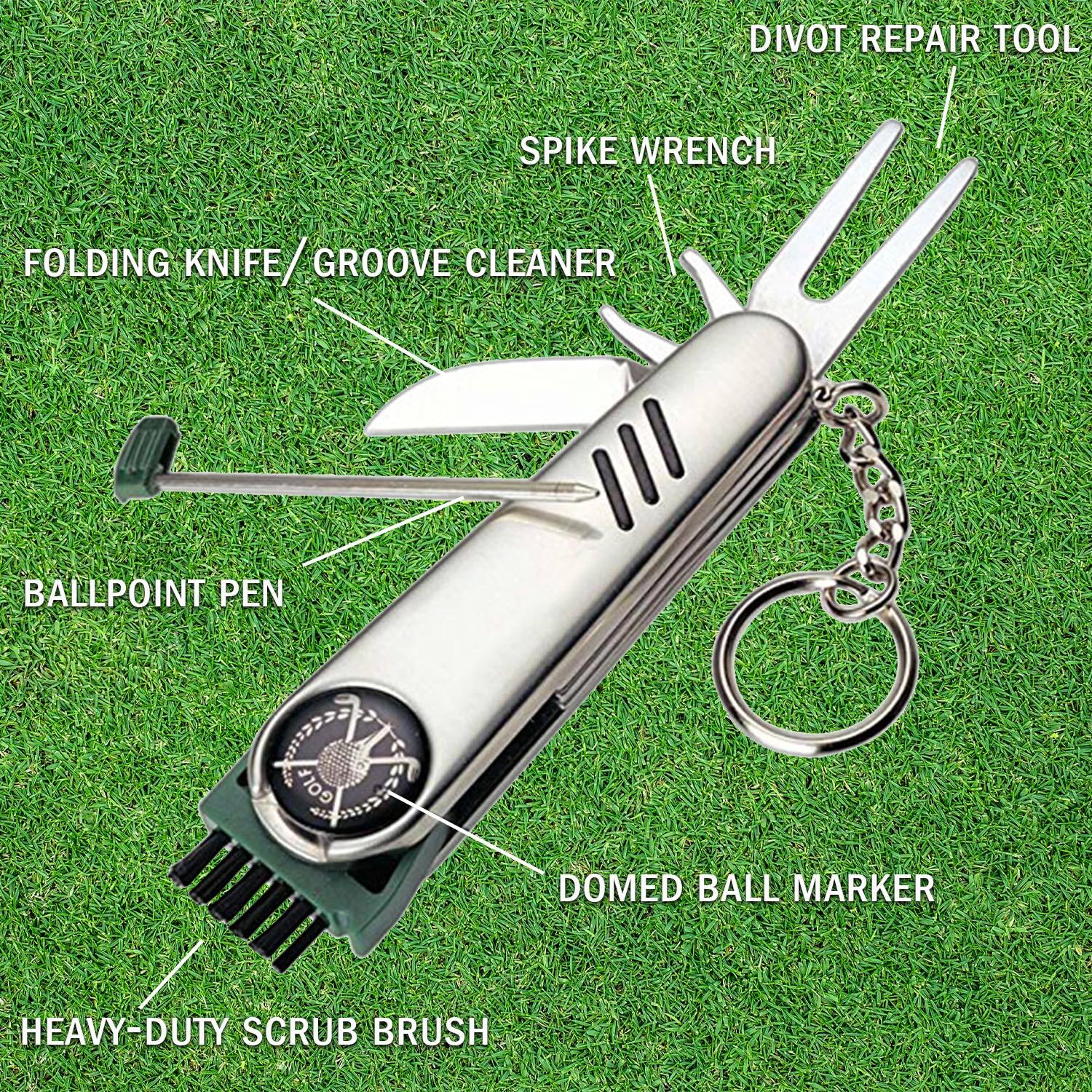 DIVOT REPAIR TOOL  
SPIKE WRENCH  
FOLDING KNIFE/GROOVE CLEANER  
BALLPOINT PEN  
DOMED BALL MARKER  
HEAVY-DUTY SCRUB BRUSH