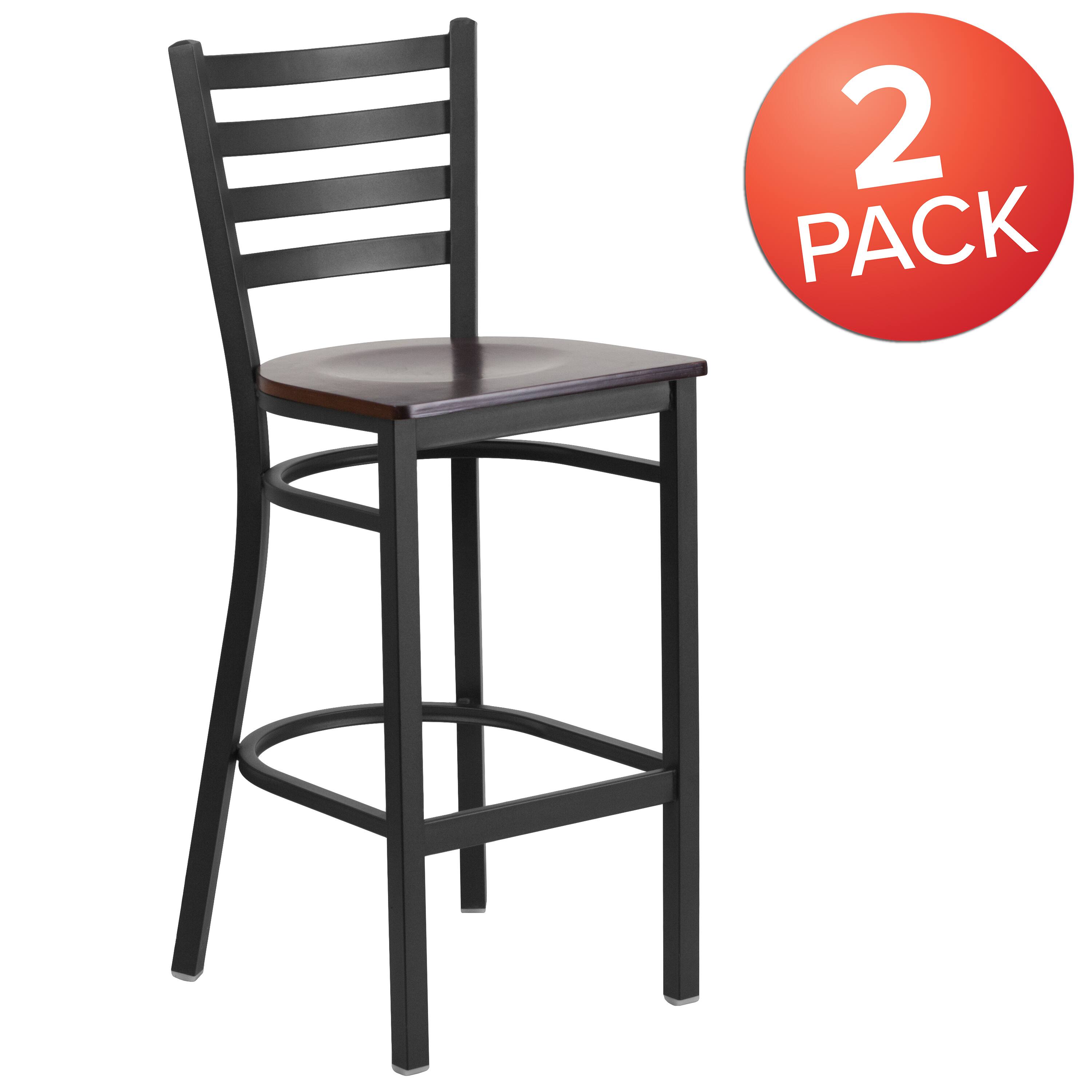 Alt View 1. Emma + Oliver - 2 Pack Ladder Back Metal Restaurant Barstool - Walnut Wood Seat/Black Metal Frame.
