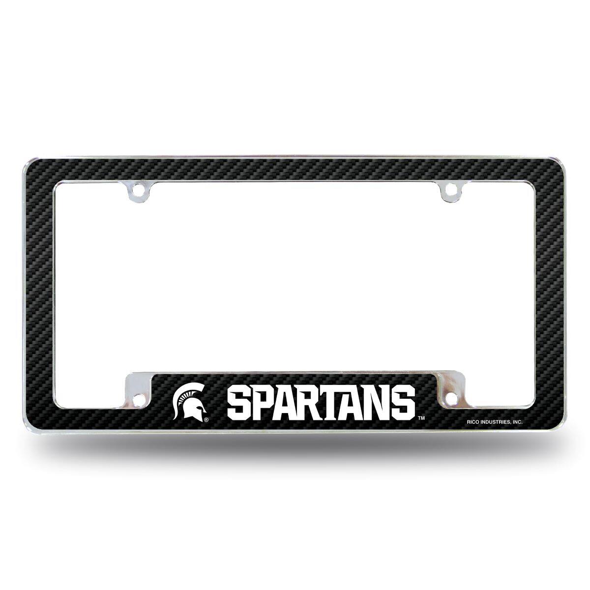Michigan State Spartans Chrome Metal License Plate Frame with Carbon Fiber Design
