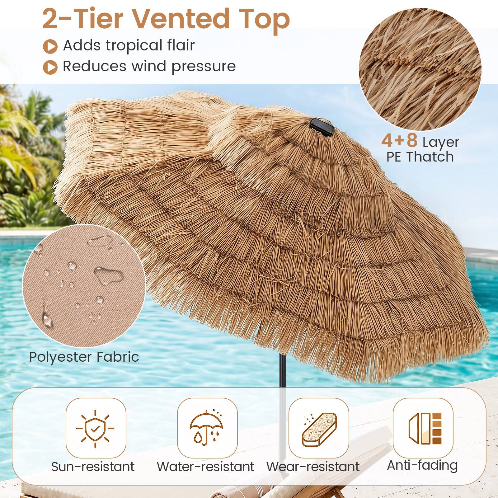2-Tier Vented Top  
- Adds tropical flair  
- Reduces wind pressure  

4+8 Layer PE Thatch  

Polyester Fabric  
- Sun-resistant  
- Water-resistant  
- Wear-resistant  
- Anti-fading