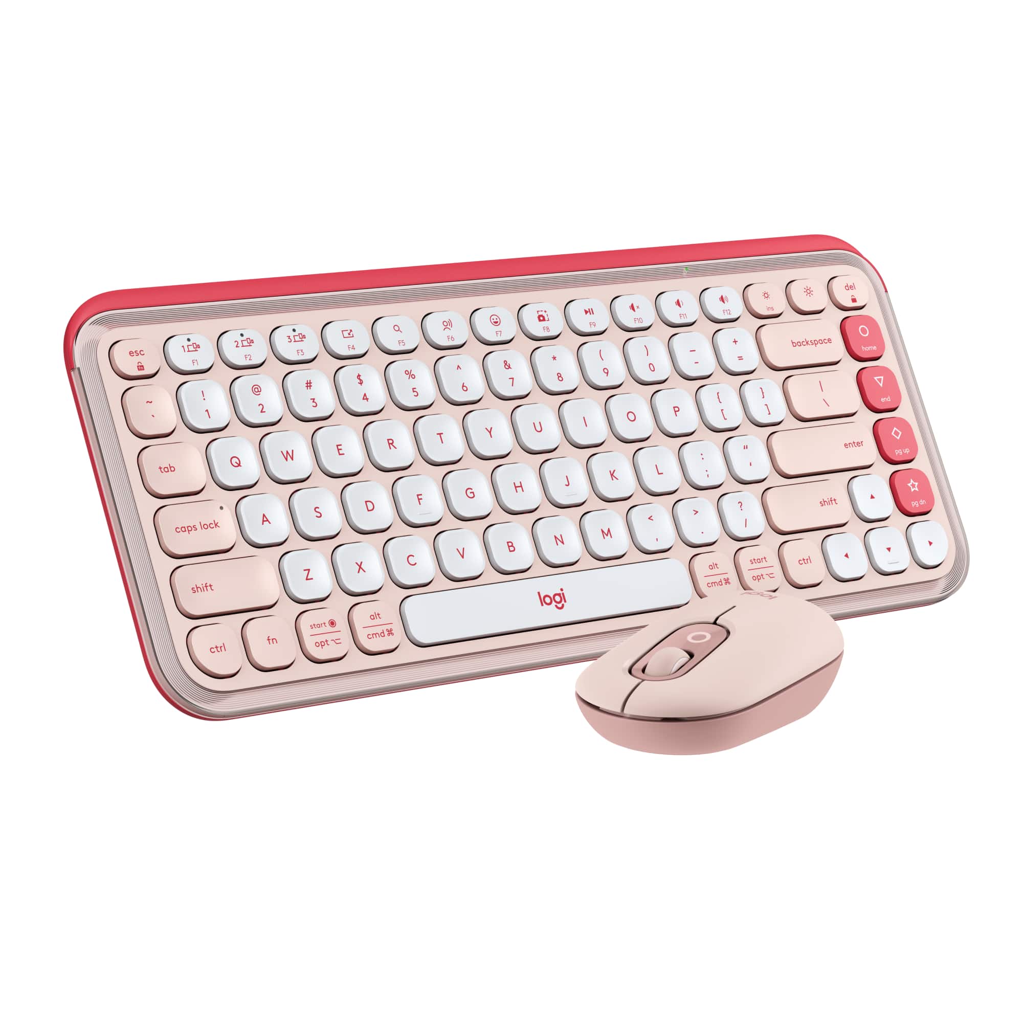 The image shows a red and white keyboard and a matching pink mouse. The keyboard has a variety of keys, including letters, numbers, and function keys. The mouse is positioned next to the keyboard, completing the computer setup.