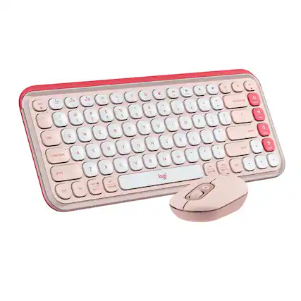 The image shows a red and white keyboard and a matching pink mouse. The keyboard has a variety of keys, including letters, numbers, and function keys. The mouse is positioned next to the keyboard, completing the computer setup.