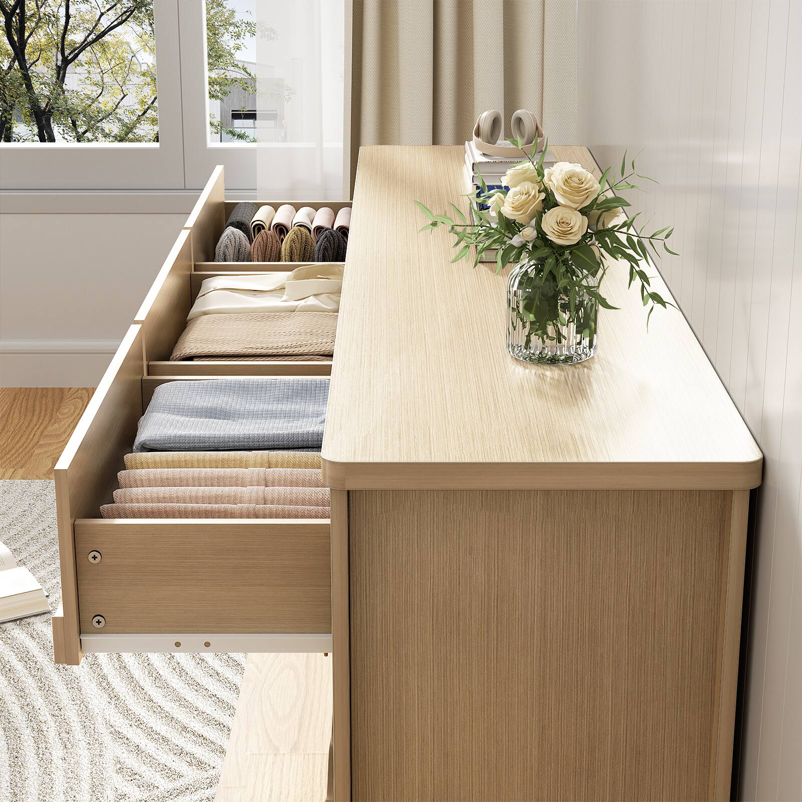 Alt View 2. Aheaplus - 9-Drawer Wood Dresser: Versatile Chest of Drawers for Bedroom, Living Room and Hallway Storage - Natural Oak.