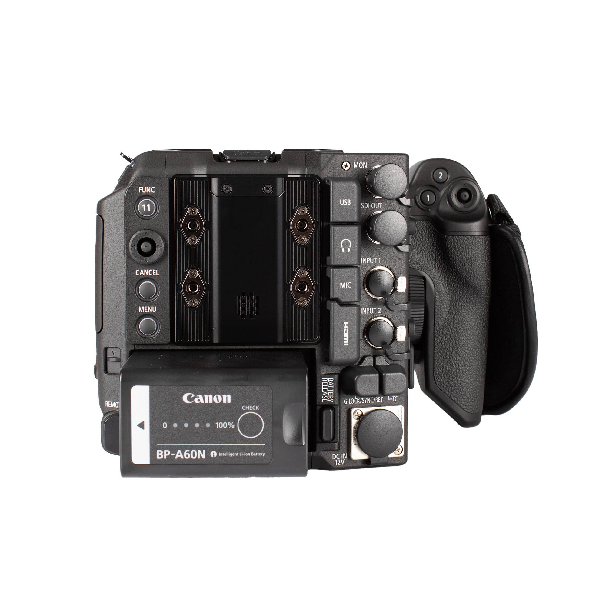A MON. 2 FUNC 11 x x : USB SDI OUT 1 CANCEL INPUT 1 MIC MENU HOMI INPUT2 REMO Canon CHECK RELEASE BATTERY G-LOCK SYNC/RET X D 100% BP-A60N Intelligent Battery DC 12V