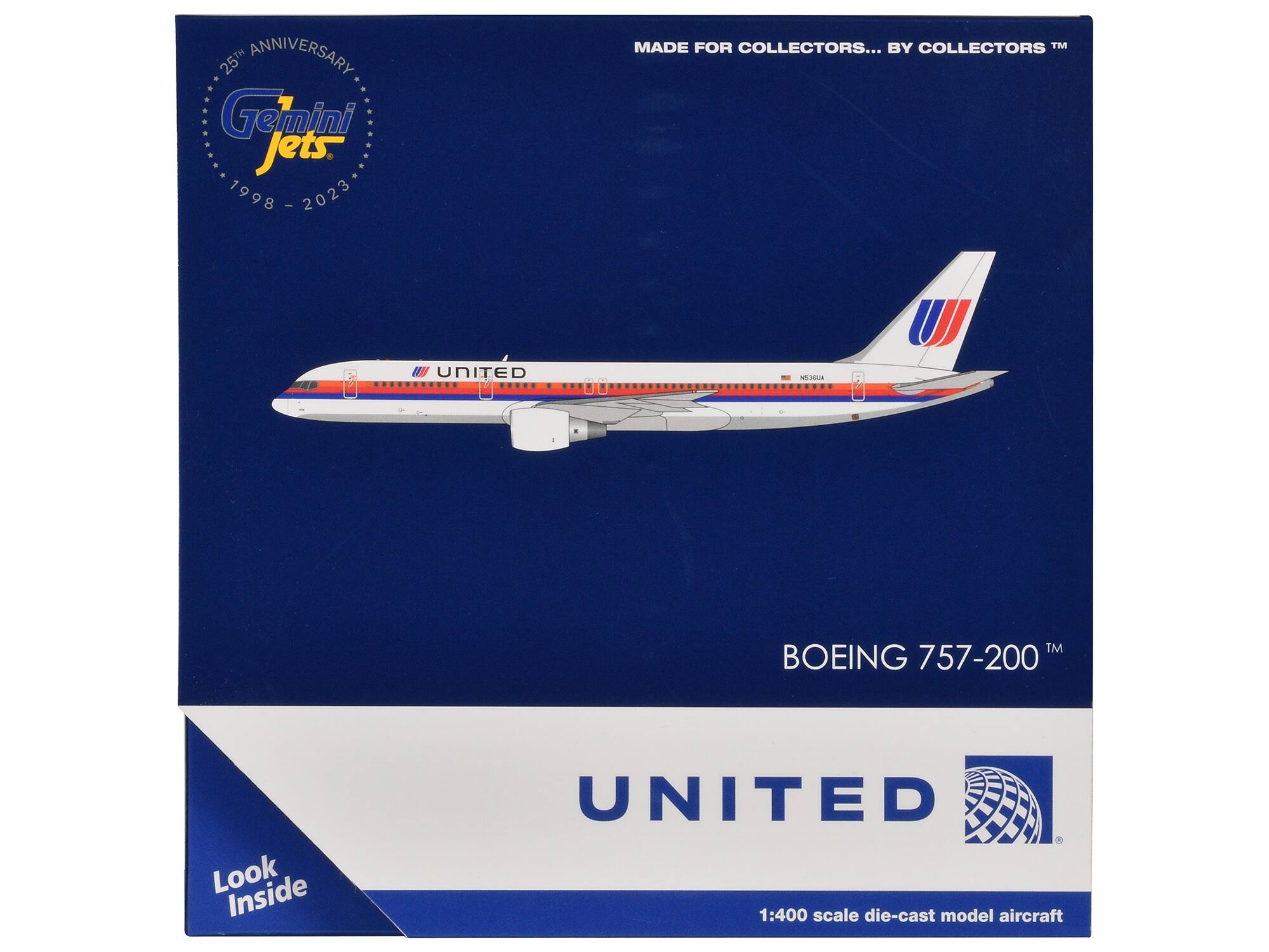 25th Anniversary  
Gemini Jets  
1998 - 2023  

MADE FOR COLLECTORS... BY COLLECTORS™  

BOEING 757-200™  

UNITED  

Look Inside  

1:400 scale die-cast model aircraft
