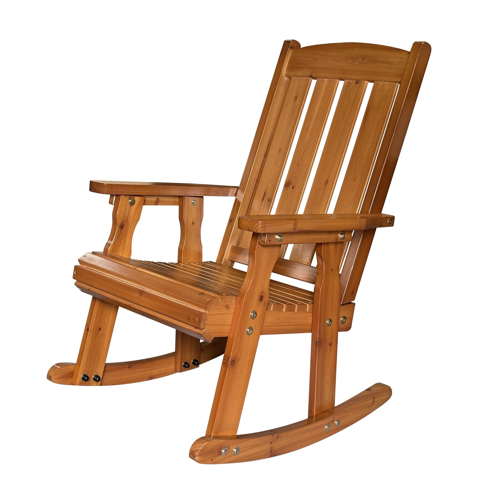 Angle. Fortune Candy - Wooden Patio Rocking Chair with Comfortable Backrest and Deep Contoured Seat, for Both Outdoor and Indoor - Teak Tone.