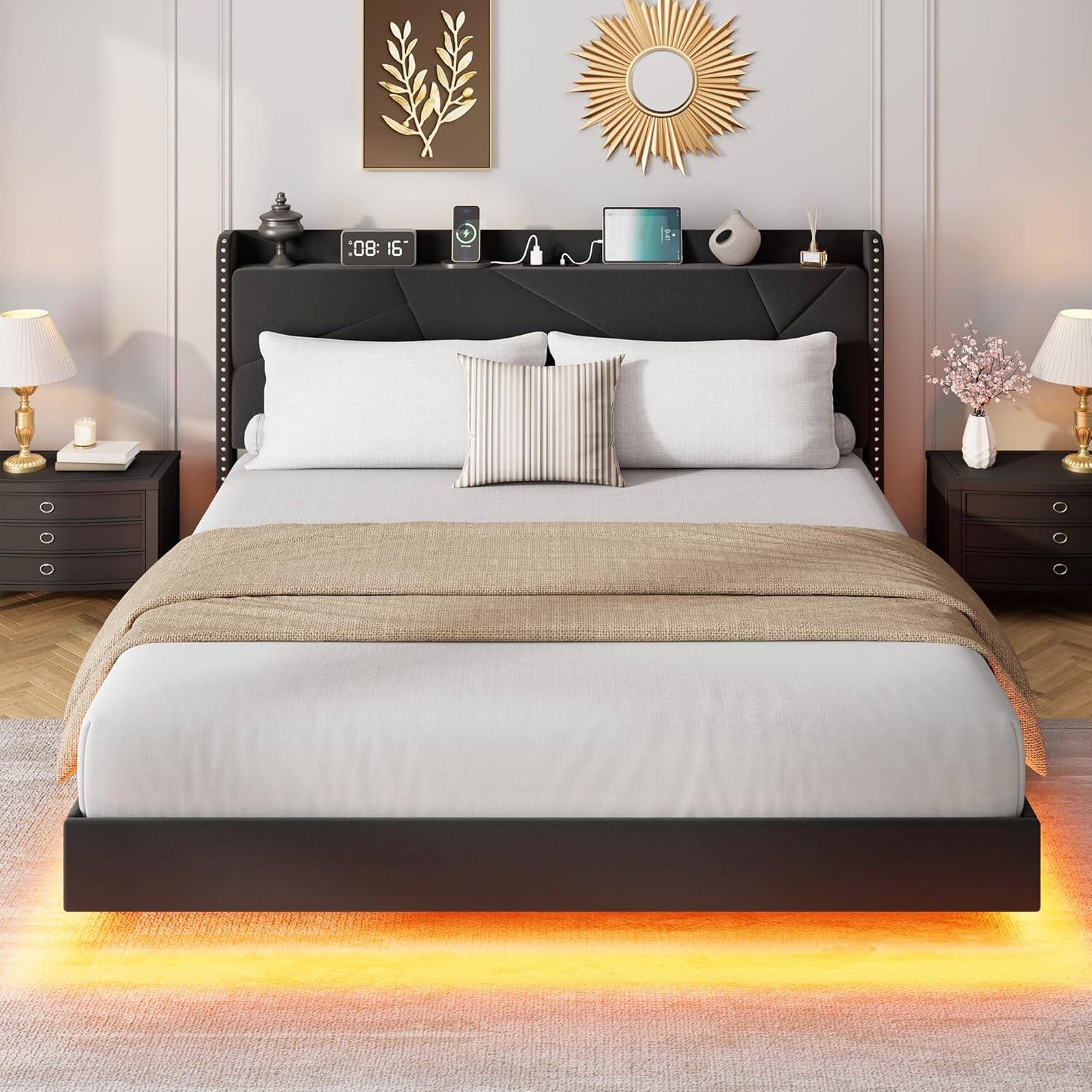 Angle. Jojoka - Full Size Floating Bed Frame with RGB LED Lights & Charging Station, Upholstered Platform Bed, Black - Black.