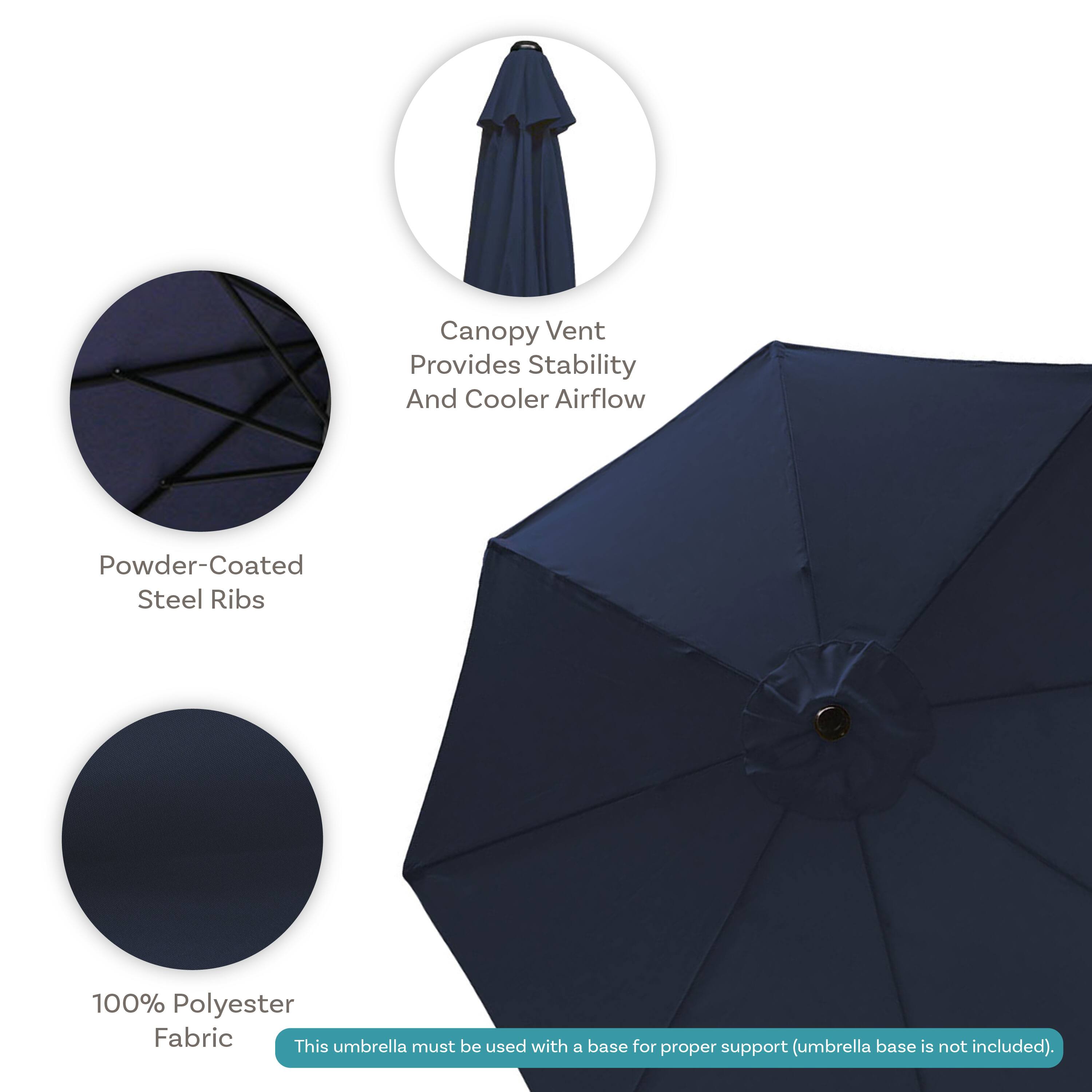 Canopy Vent  
Provides Stability and Cooler Airflow  

Powder-Coated Steel Ribs  

100% Polyester Fabric  

This umbrella must be used with a base for proper support (umbrella base is not included).