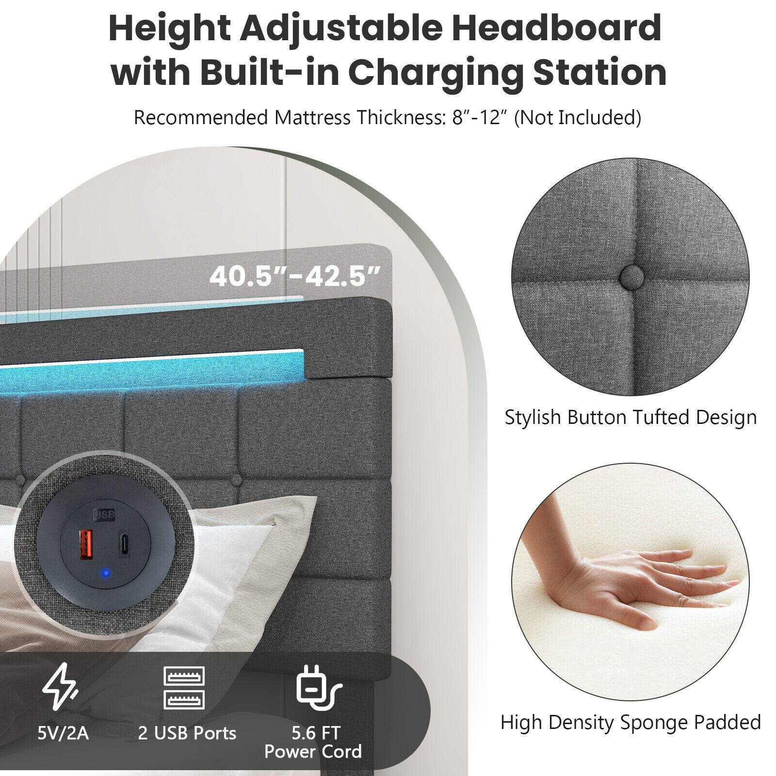 Height Adjustable Headboard with Built-in Charging Station
Recommended Mattress Thickness: 8"-12" (Not Included)
40.5"-42.5"
Stylish Button Tufted Design
5V/2A
2 USB Ports
5.6 FT Power Cord
High Density Sponge Padded