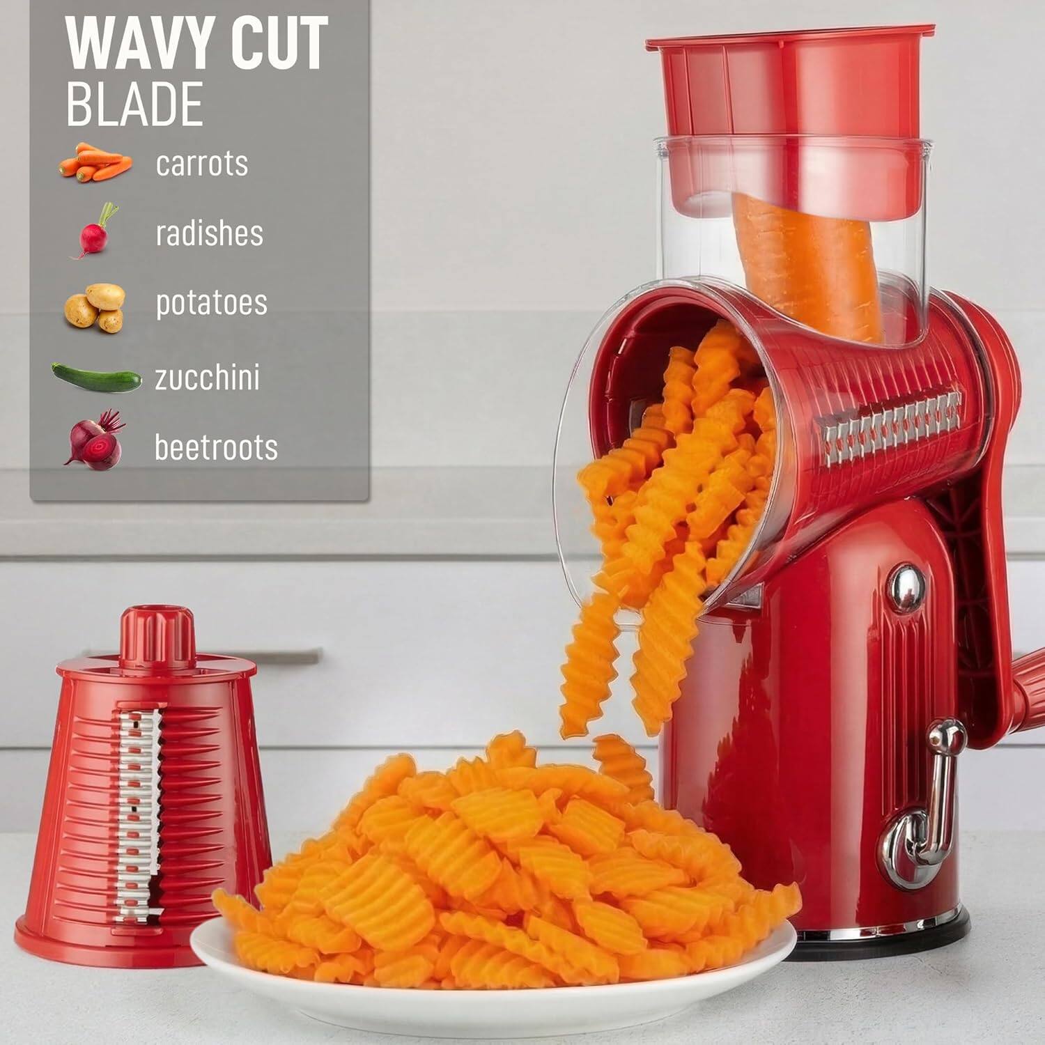 Wavy Cut Blade

- Carrots
- Radishes
- Potatoes
- Zucchini
- Beetroot