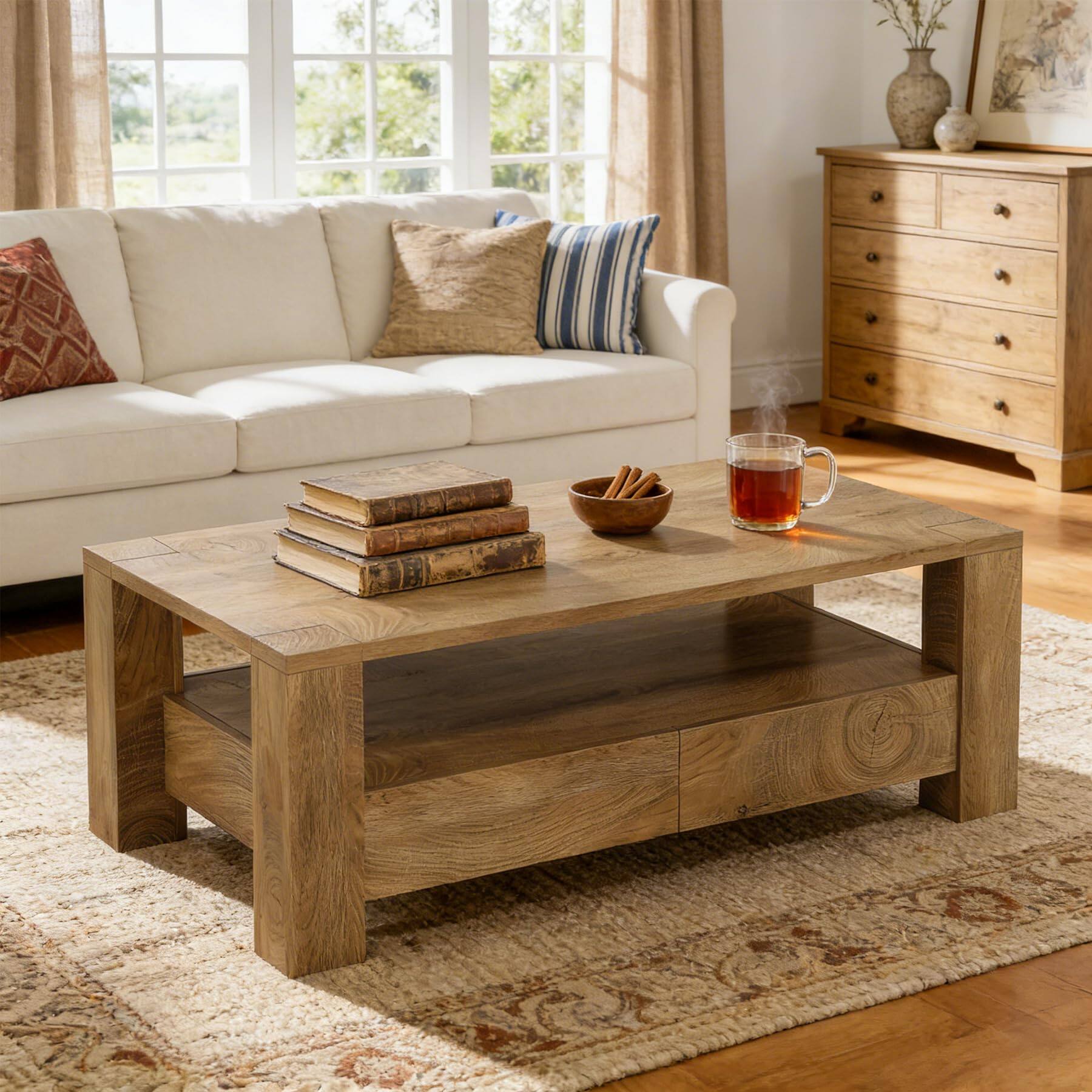 Back. Tribesigns - Farmhouse Coffee Table with Storage, 47" Large Rectangle Coffee Table with 2 Drawers & Open Shelf, Mid Century Modern Wo - Rustic Brown.