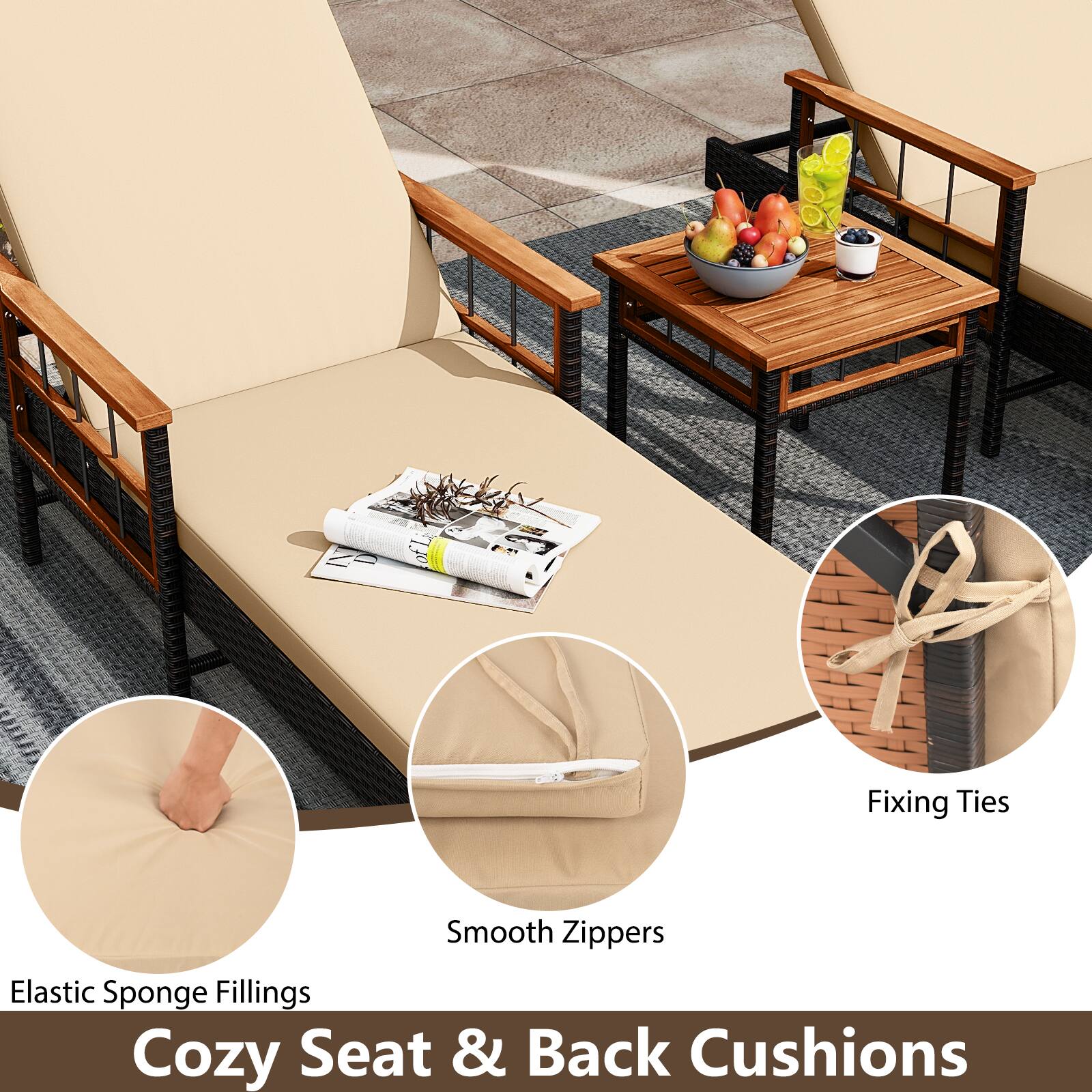 Cozy Seat & Back Cushions

- Elastic Sponge Fillings
- Smooth Zippers
- Fixing Ties