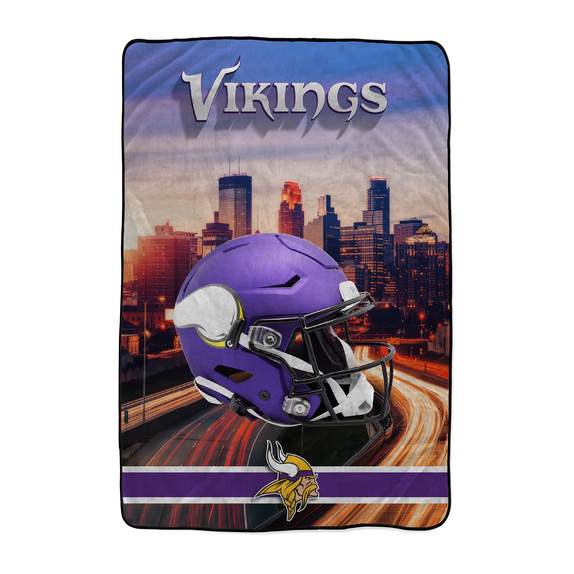 Front. Pegasus - Minnesota Vikings 66" x 95" Oversized Skyline Series Helmet Ultra Cozy Blanket - Multicolor.