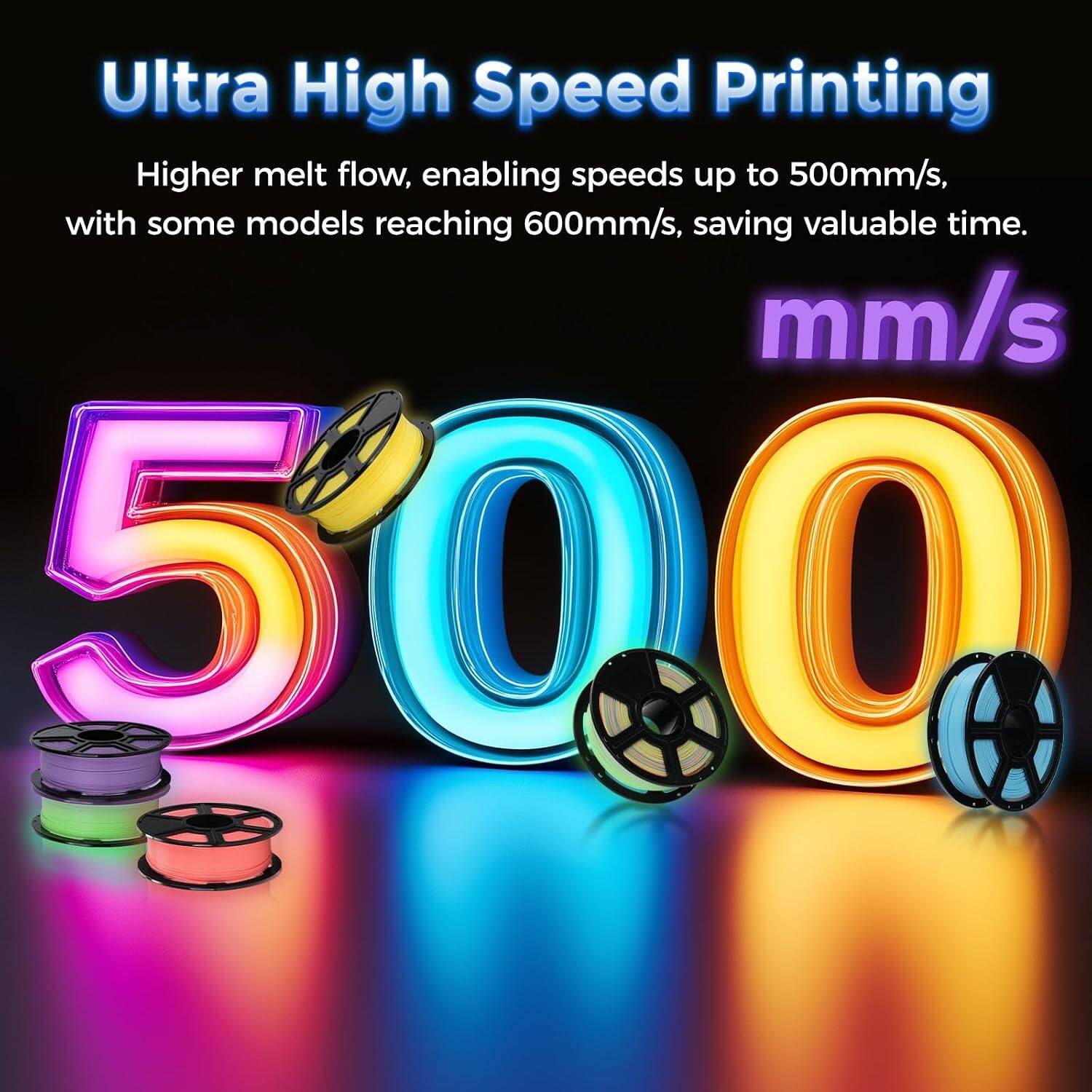 Ultra High Speed Printing  
Higher melt flow, enabling speeds up to 500mm/s, with some models reaching 600mm/s, saving valuable time.  
500 mm/s