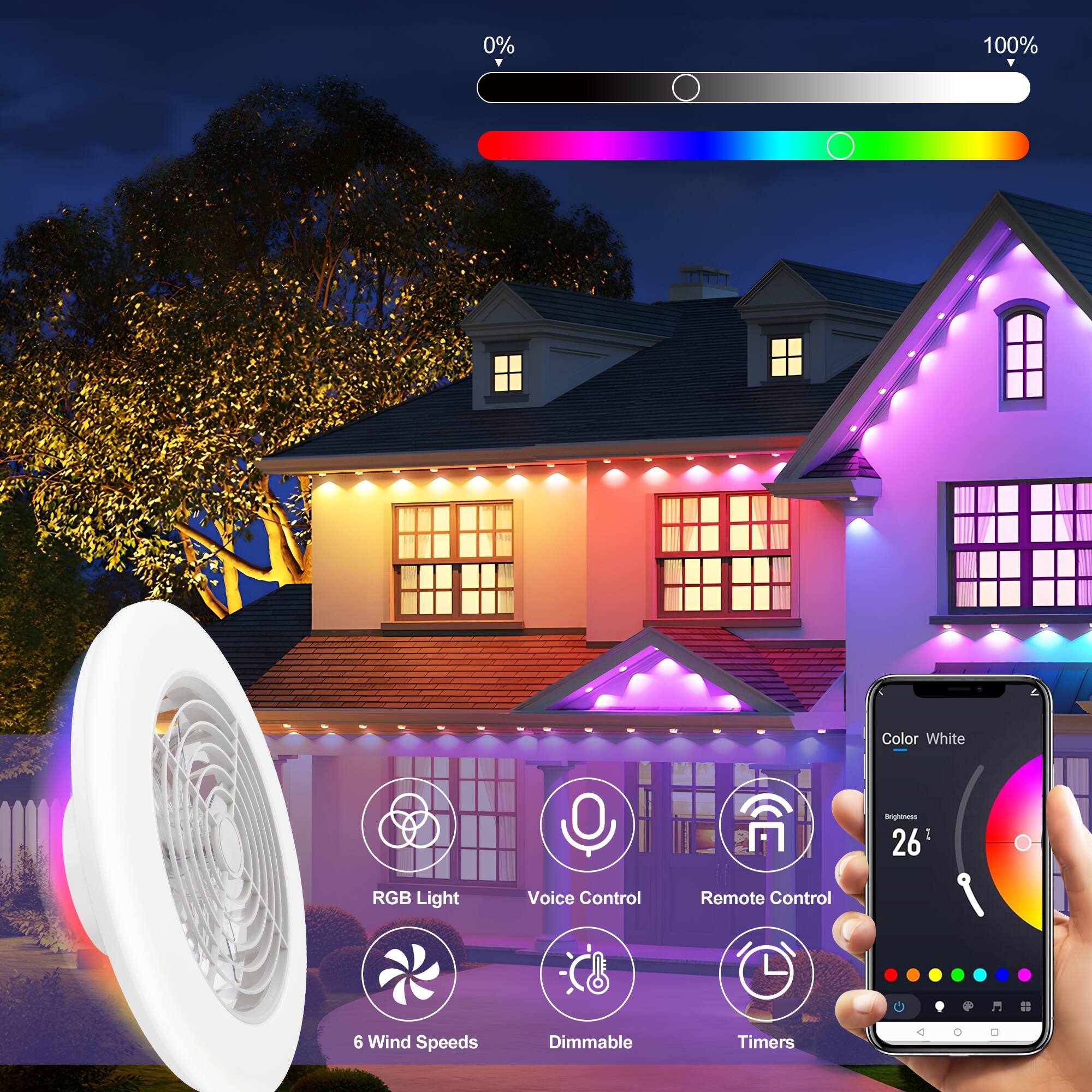 0% 100% Color White Brightness 26 RGB Light Voice Control Remote Control 6 Wind Speeds Dimmable Timers