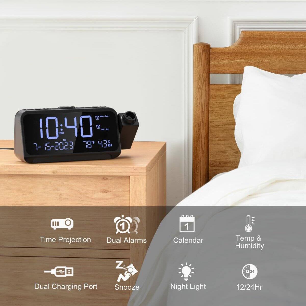 O 10:40 3 DST 7-15-2023 18 43H  
Time Projection 1 Dual Alarms 1 Calendar Temp & Humidity : Z 1224 12 Dual Charging Port Snooze Night Light 12/24Hr