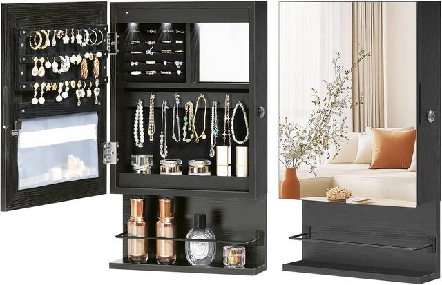 Front. Stamp n Camp - HOOBRO Wall Mounted Jewelry Cabinet, LED Jewelry Armoire with Interior Mirror, Hanging Jewelry Organizer for Wall... - Black.