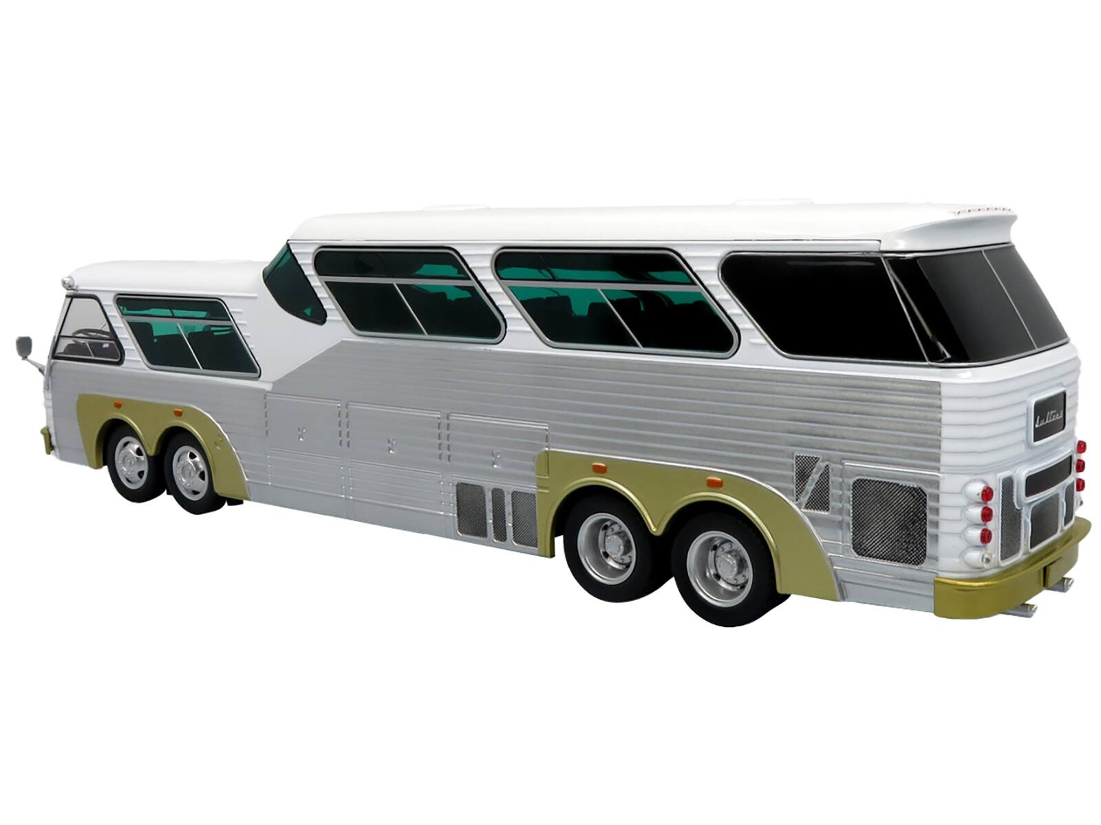 Left. Iconic Replicas - Sultana TM 44-18 SP Panoramico Coach Bus White with Silver Sides The Bus & Motorcoach Collection 1/43 Diecast Model - White with Silver.