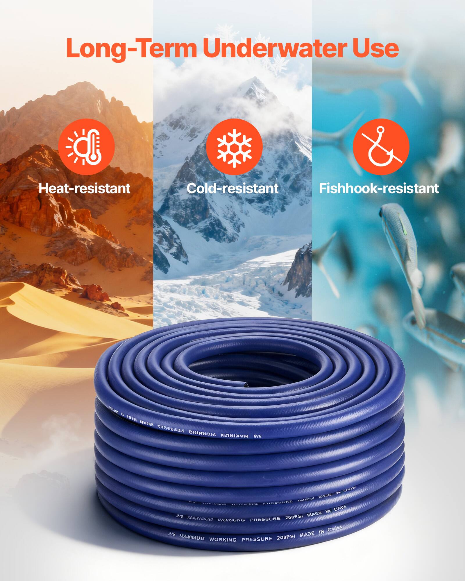 Long-Term Underwater Use  
Heat-resistant & Cold-resistant Fishhook-resistant  

ORX TNO9SE 20/168586 RIMOM NAXIMUM UIE - BAL I T C. ............ FREURUR 0n CA 37 ZDOP31 MADS MASIUR WURRING PRESSURE IN CAINA  
MAJE MKMUM WORKING PRESSURE 200PSI