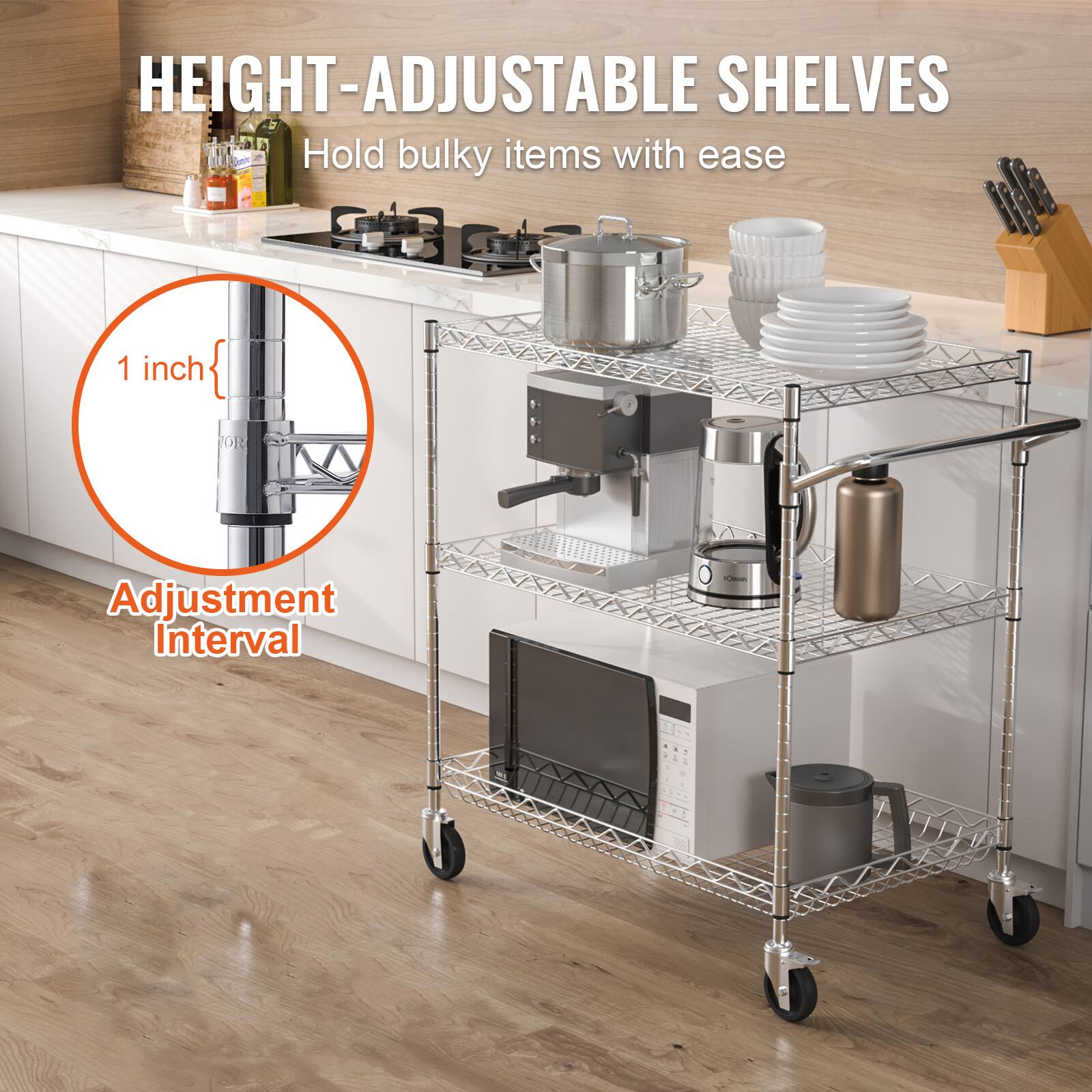 HEIGHT-ADJUSTABLE SHELVES
Hold bulky items with ease
1 inch { O1 Adjustment Interval -