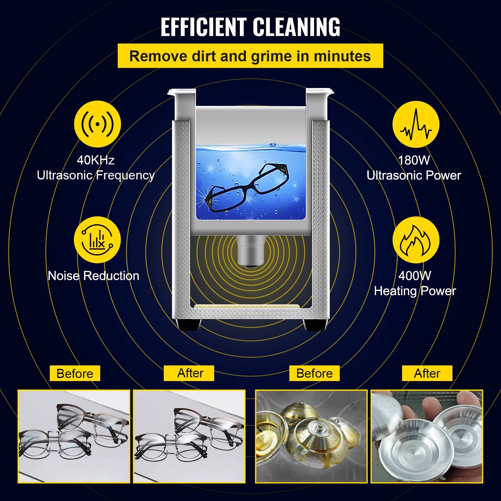 EFFICIENT CLEANING  
Remove dirt and grime in minutes

- 40KHz Ultrasonic Frequency
- 180W Ultrasonic Power
- Noise Reduction
- 400W Heating Power

Before | After  
Before | After