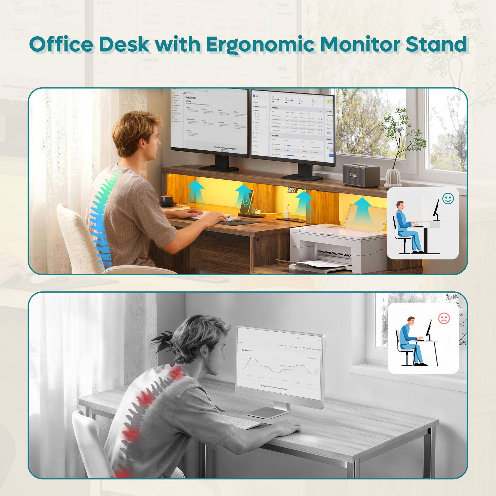 Bestier Computer Office Desk with Monitor Stand LED Lights Built in ...