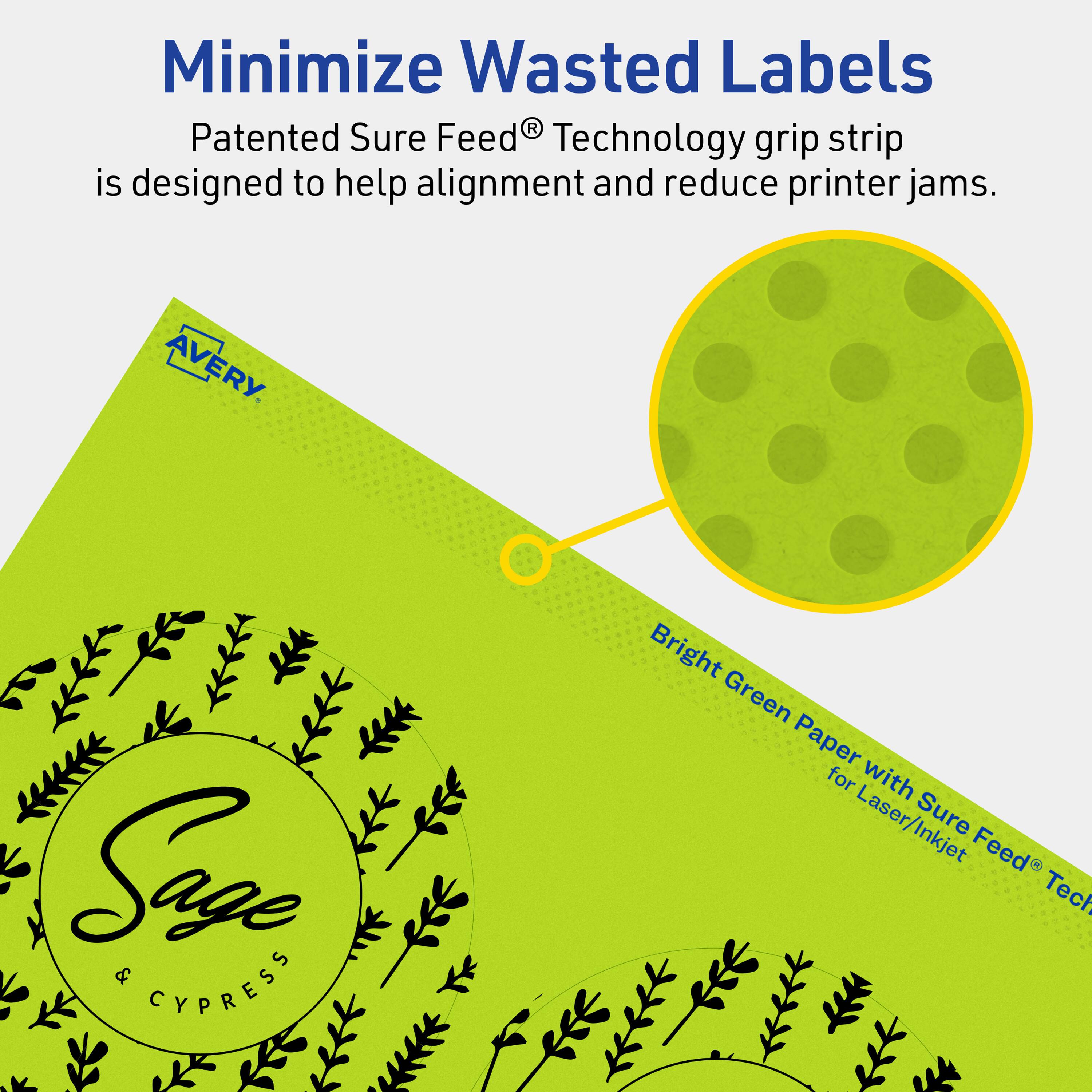 Minimize Wasted Labels

Patented Sure Feed® Technology grip strip is designed to help alignment and reduce printer jams.

AVERY

Bright Green Paper for Laser/Inkjet with Sure Feed® Technology