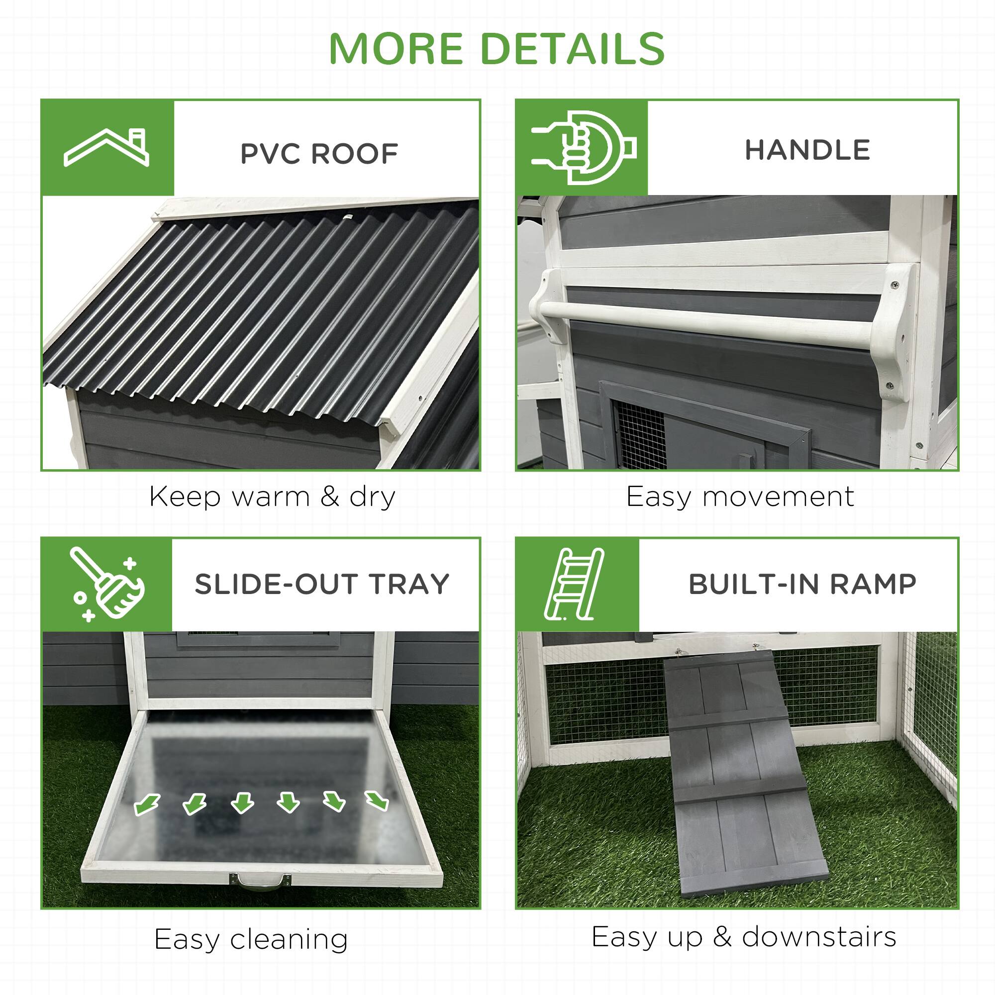MORE DETAILS

- PVC ROOF
  - Keep warm & dry

- HANDLE
  - Easy movement

- SLIDE-OUT TRAY
  - Easy cleaning

- BUILT-IN RAMP
  - Easy up & downstairs