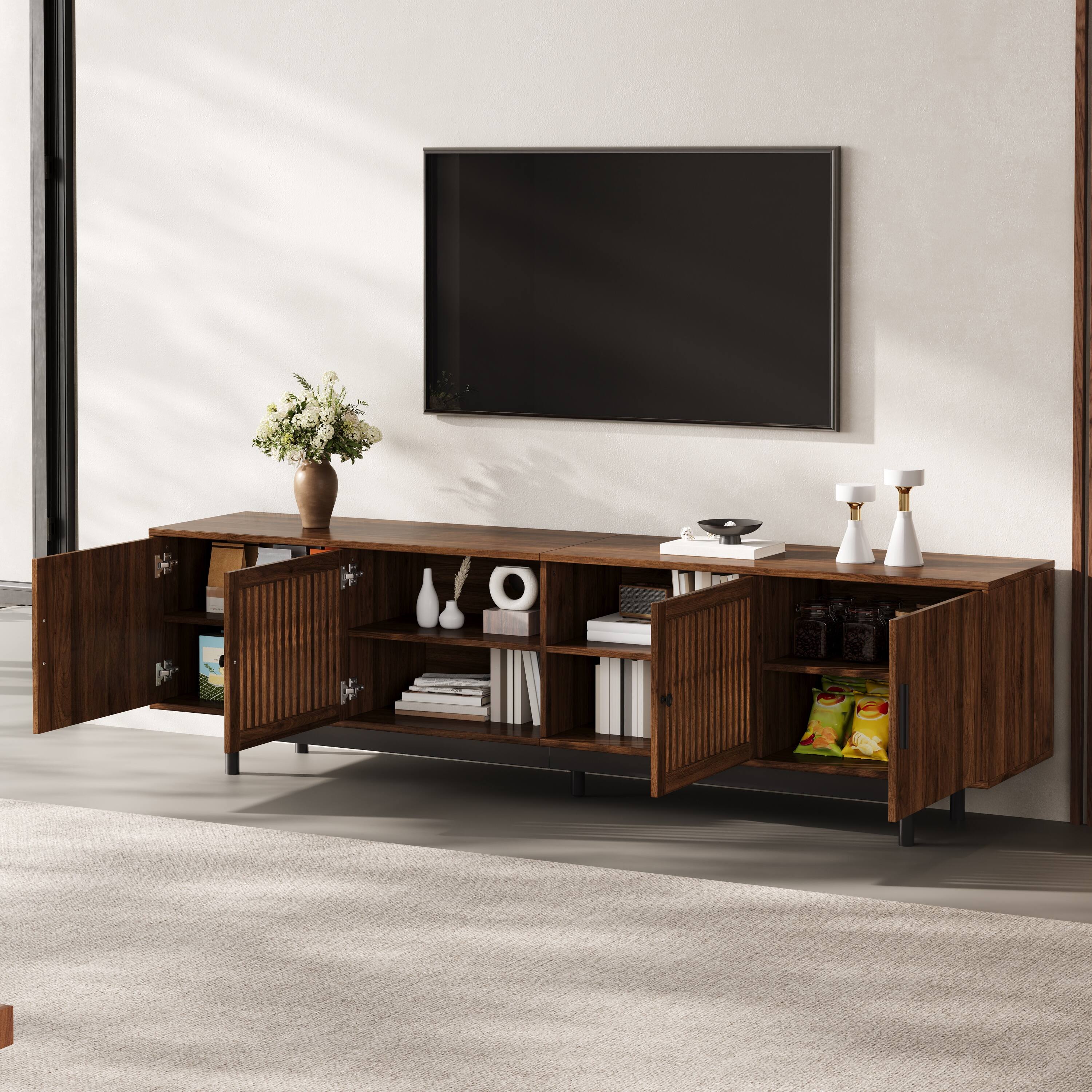 Angle. MERAVOM - Mid-Century Modern TV Stand for TVs Up to 85", Entertainment Center with Storage,TV Console with 4 Doors for Living Room - Walnut.