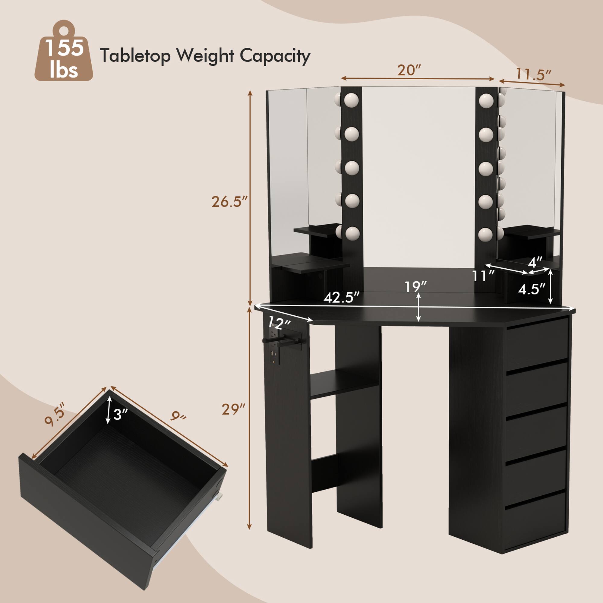 The text on the image reads: "155 Tabletop Weight Capacity lbs 20" 11.5" 26.5" 12" 42.5" 19" 11 4" 4.5" 9.5" 9 13" 3" 9 29"."