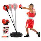 Sure, here is the corrected and grouped text from the image:
**Product Name:**
- SPORT 40
**Brand:**
- KID'S BOXING
**Description:**
- Kids Boxing Training Set
**Features:**
- Includes: Punching Bag, Boxing Gloves, Boxing Shorts, and a Base
**Box Text:**
- SPORT 40
- Kids Boxing Training Set
- Includes: Punching Bag, Boxing Gloves, Boxing Shorts, and a Base
**Additional Text:**
- (No additional text visible)